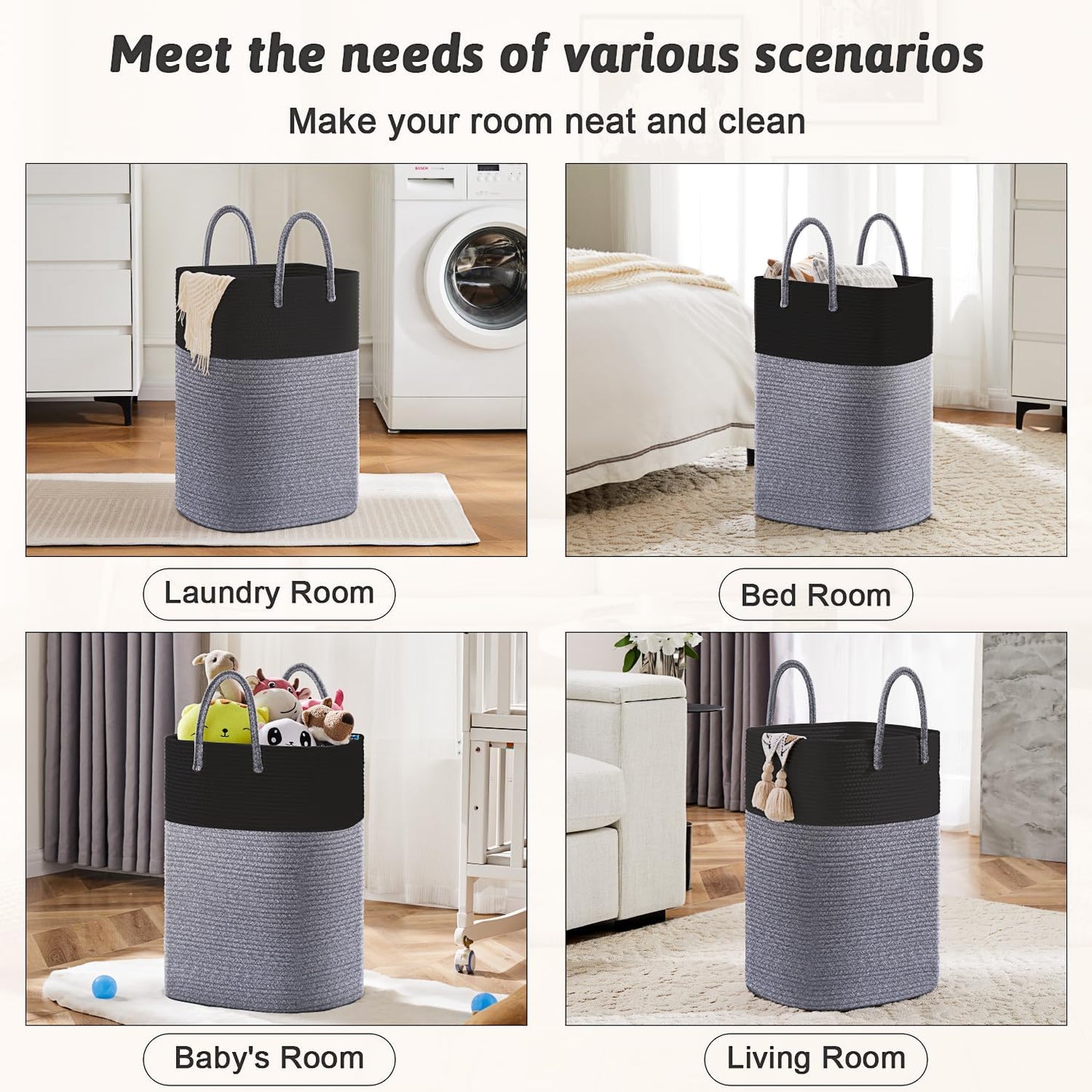 Laundry Basket,Woven Cotton Rope Laundry Hamper,Versatile Storage for Dirty Clothes,Baby Toys,and Blankets in Bathroom, Nursery,and Living Room (Black, 40L)