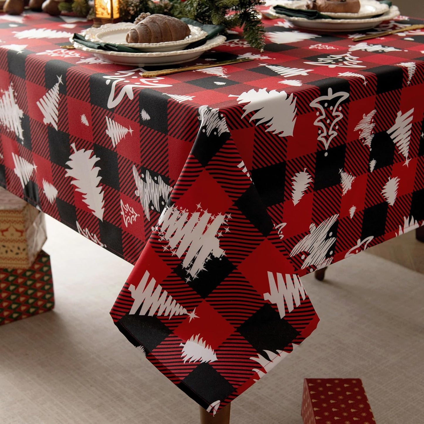 Red Gingham Plaid Christmas Tree Tablecloth - Rectangular 58x102 Inch Water Resistant Table Cloth for Indoor/Outdoor Use - Holiday Table Cover for Kitchen, Picnics, and Parties