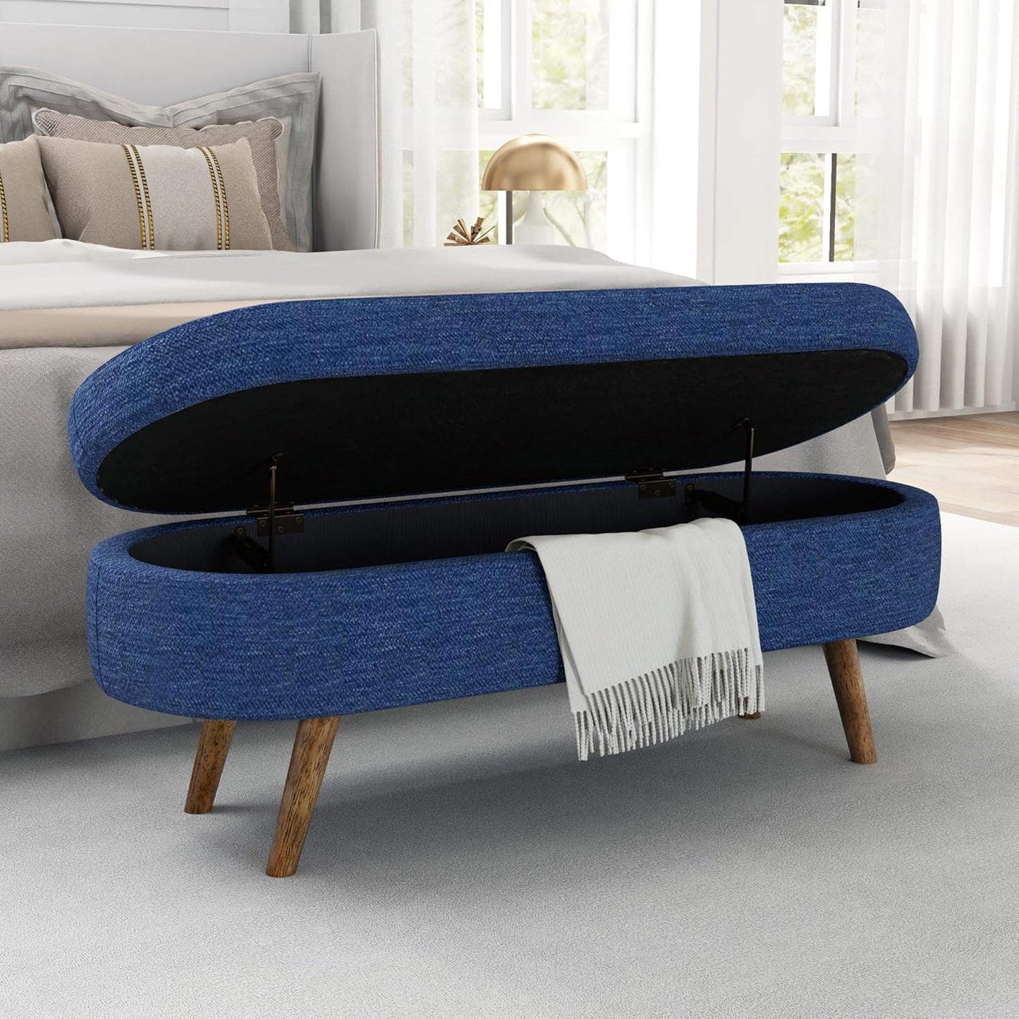 Storage Bench, 43" Storage Ottoman Bench, Shoe Storages Benches for Bedroom, Upholstered Entryway Benches with Seating, Rubber Wood Legs for Bedroom, Living Room, Entryway, Bed Side, Blue
