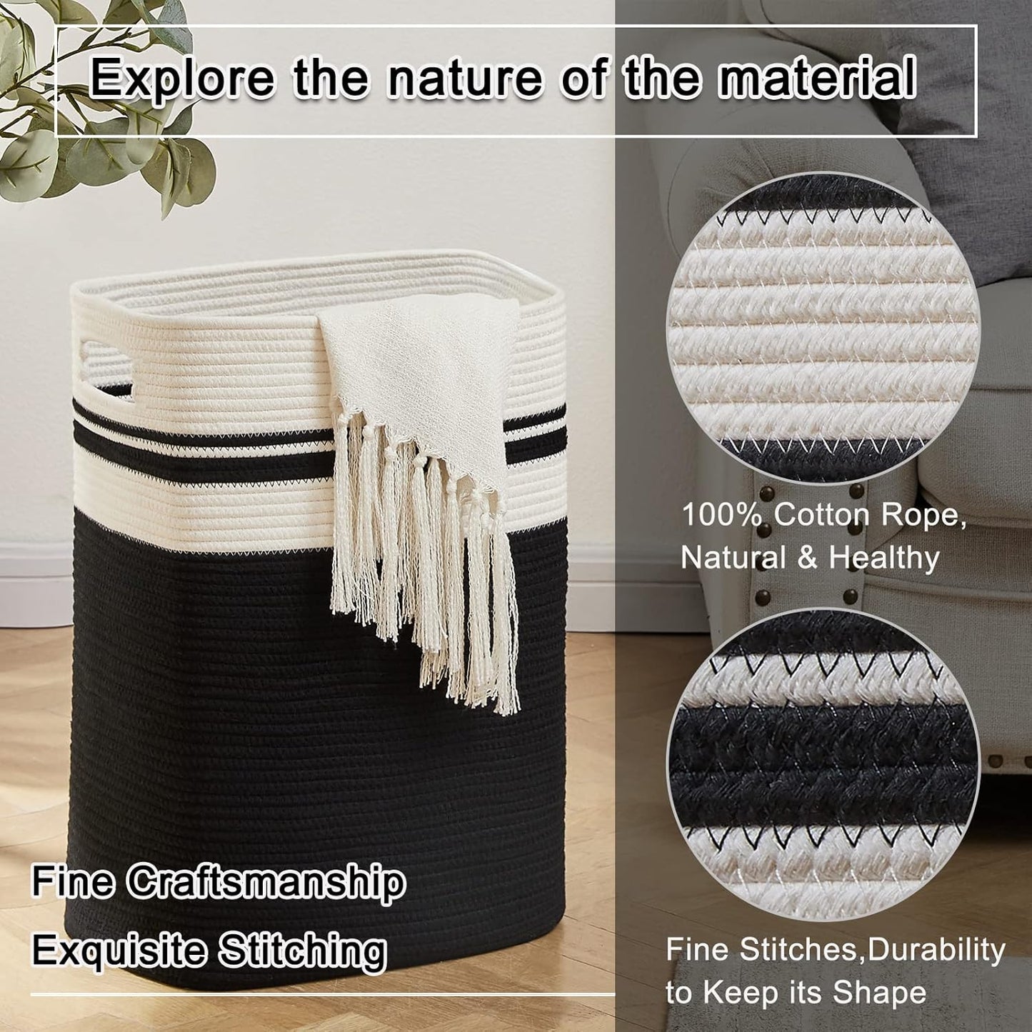 OIAHOMY Laundry Hamper-Laundry Basket,Tall Cotton Storage Basket with Handles,Decorative Blanket Basket for Living room,Collapsible Large Basket for Toys,Pillows,Clothes Organizer-16x13x22in-Black