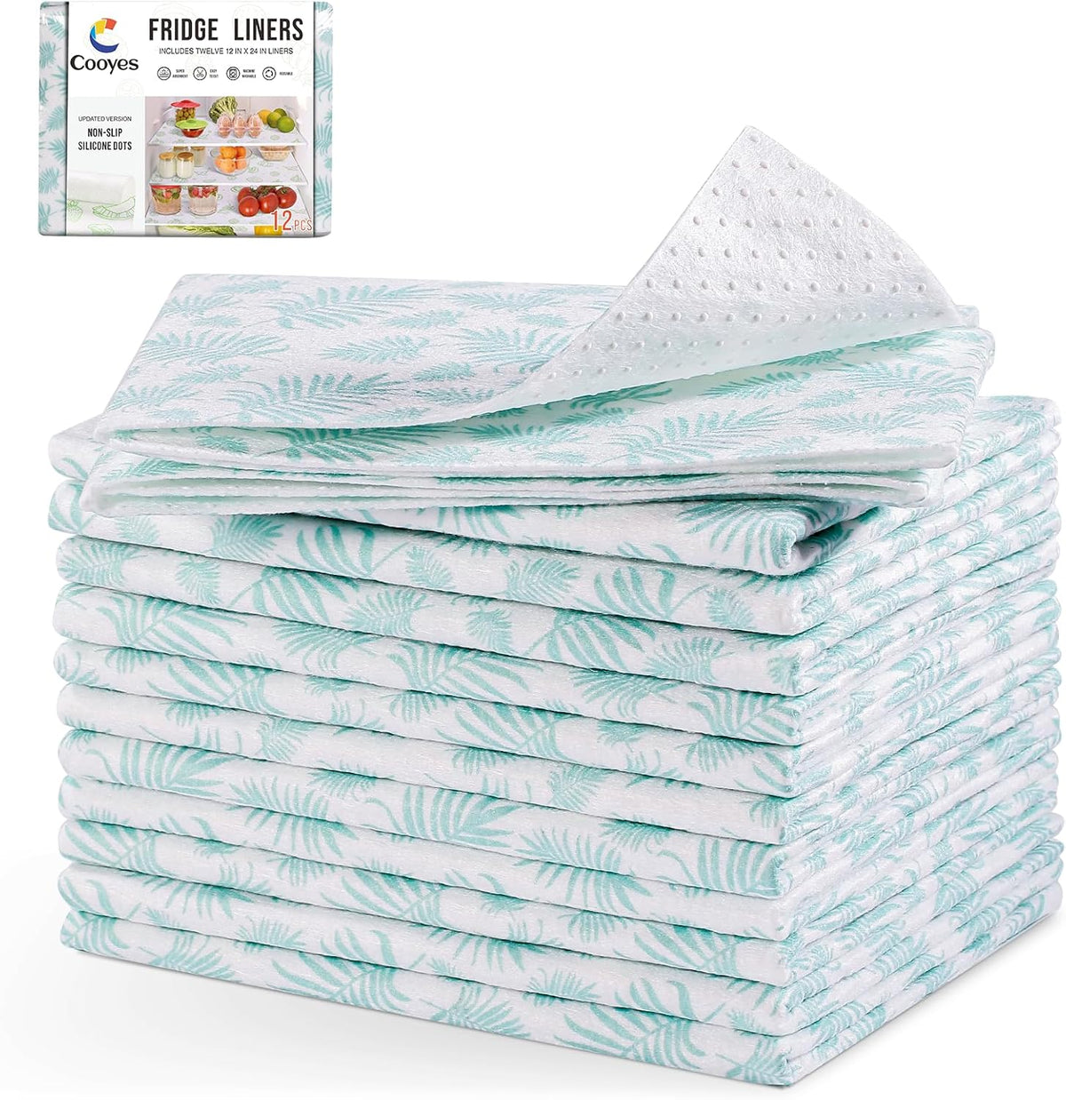 Cooyes Absorbent Refrigerator Liners, Non Slip Fridge Bin Liners and Mats Washable, Refrigerator Shelf Liner for Glass Shelves and Kitchen Cabinet Drawer, 12 Pack, 12" × 24"