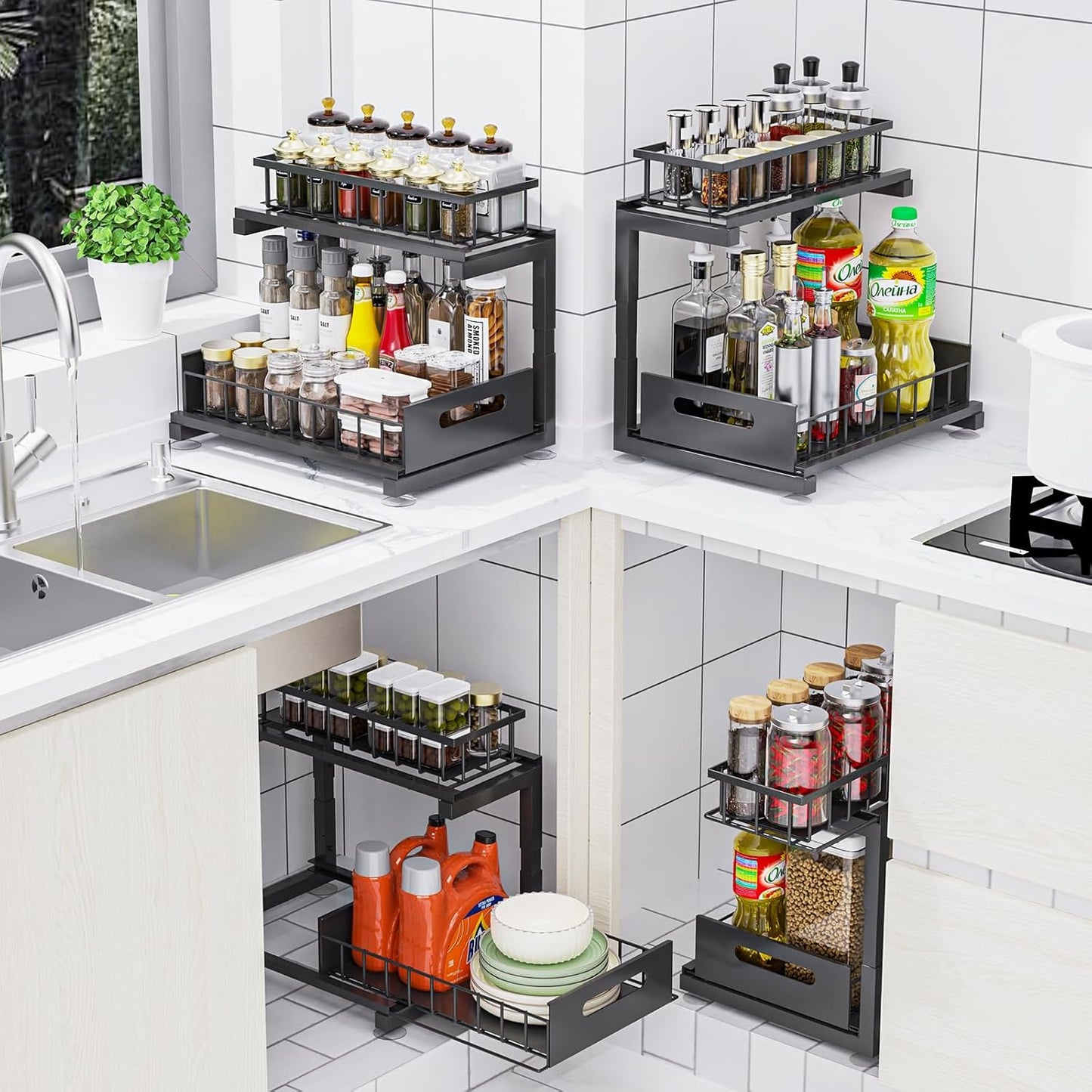 2 Pack Under Sink Organizer, 2-Tier Heavy Duty Metal Pull Out Cabinet Organizer Slide Out Sink Shelf Organizer Height Adustable, Multi-Purpose Storage Shelf for Kitchen Bathroom (Black, 2 Pack)
