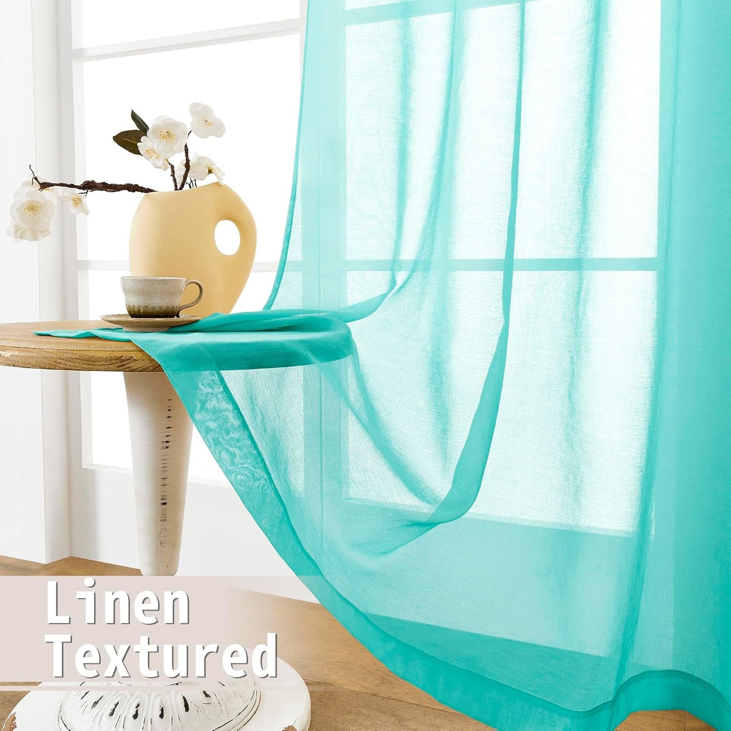 Tollpiz Sheer Door Curtains Closet Linen Textured Curtain Sheers Doorway Light Filtering Voile Patio Door Rod Pocket Curtains French Door, 54 x 80 inches Long, Aqua Blue, Set of 1 Panel