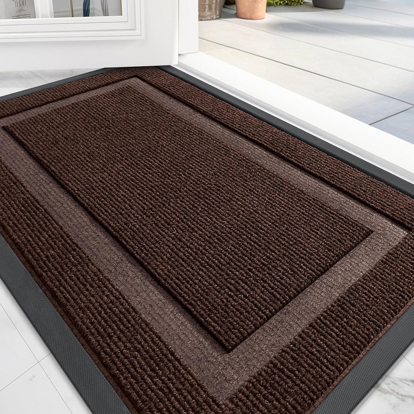OLANLY Front Door Mat Indoor Outdoor Entrance, Waterproof All-Season, All-Weather Doormat, Sturdy Natural Rubber, Fade Resistant, Low Profile, Easy Clean Patio Porch Entryway Mat, 47x17, Dark Brown
