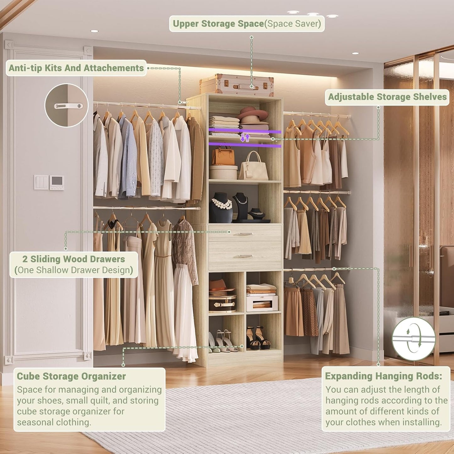 Closet System, 4-8 FT Closet Organizer Tower with 2 Wooden Drawers and Shelves, Can Fit 60 to 96 inch Walk-in Closet System with 5 Hang Rods, Built-in, Greige Oak