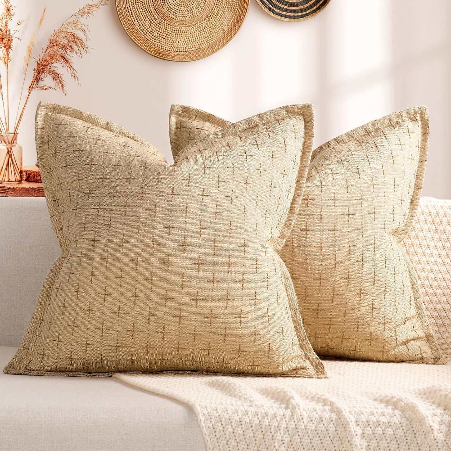 ZWJD Pillow Covers 24x24 Set of 2 Soft Polyester Textured Pillow Covers with Stylish Flange Edge Cozy Farmhouse Throw Pillows for Couch Bed Sofa Living Room