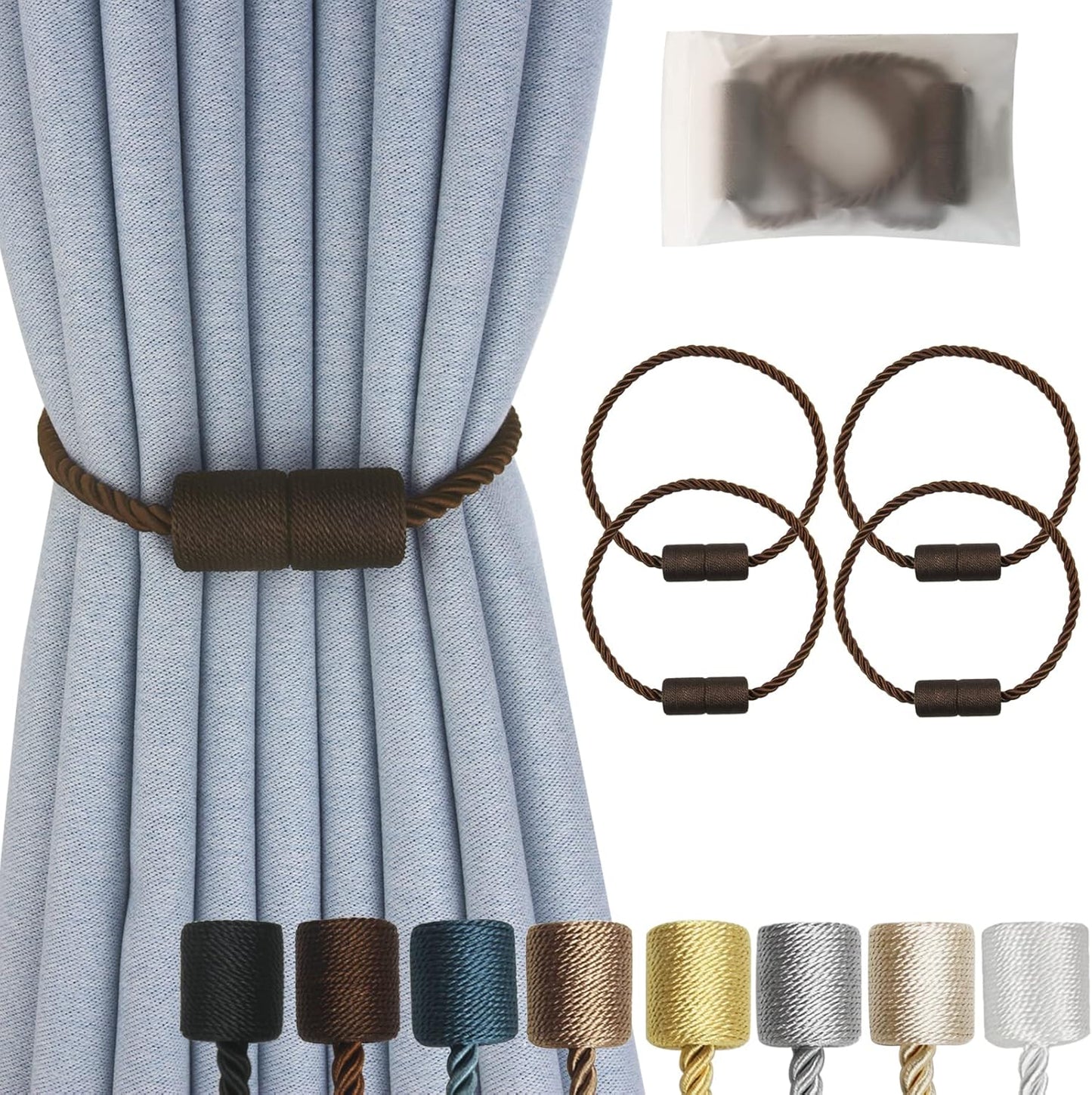 Magnetic Curtain Tiebacks 4 Pack Coffee Curtain Rope Tieback Curtain Holders for Drapes Modern Tie Backs Decorative Curtain Holdbacks