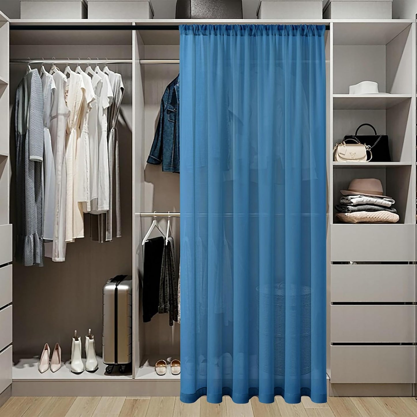 Tollpiz Small Sheer Door Curtain Closet Linen Textured Curtain Sheers Doorway Light Filtering Voile French Door Rod Pocket Curtains Patio Glass Door, 25 x 40 inches Long, Classic Blue, Set of 1 Panel