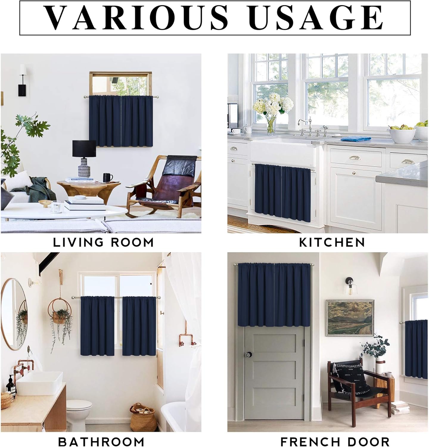 RYB HOME Half Window Curtains - Room Darkending Privacy Curtains Short Drapes for barhroom Kids Nursery Bedroom, W 29 x L 24 Each, Navy Blue, 2 Panels