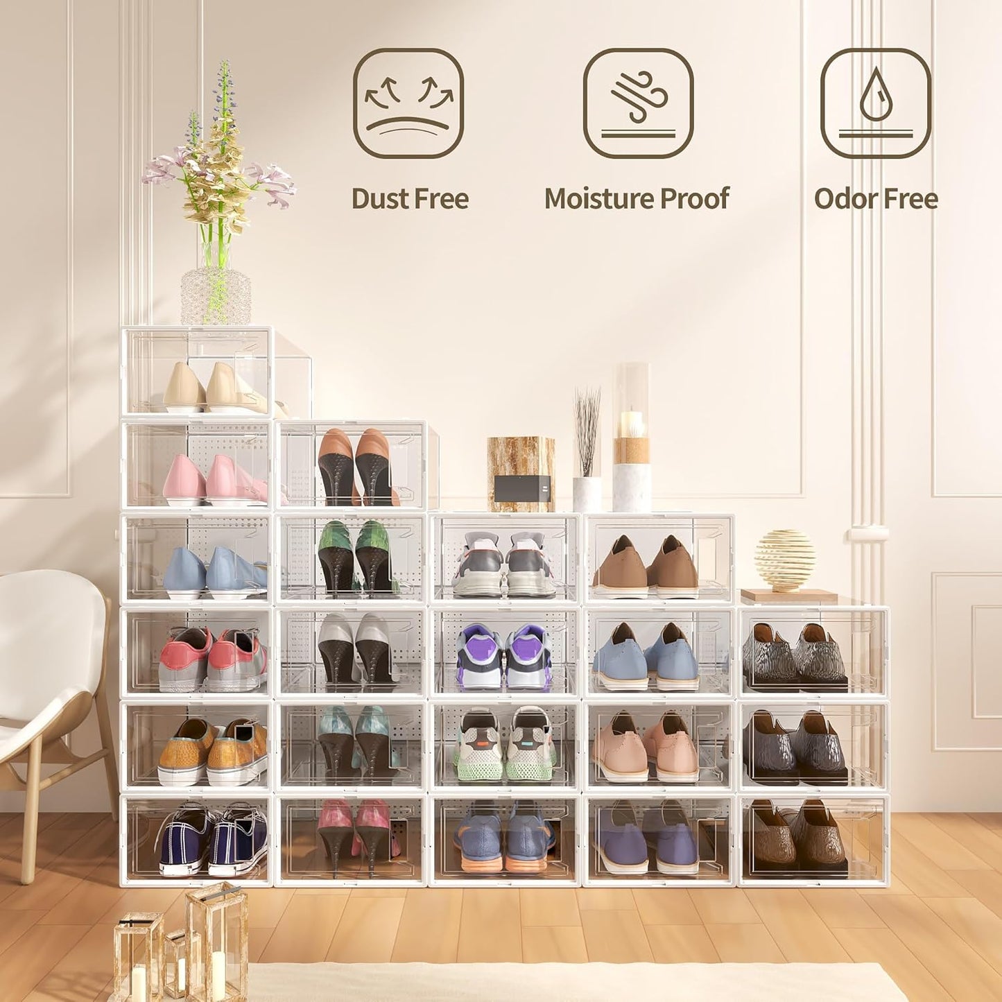 Secret Space 12 Pack XX Large Shoe Organizer Storage Boxes for Closet, Modular Space Saving Shoe Boxes Clear Plastic Stackable Sneaker Containers Display Case with Lids, Pearl White03