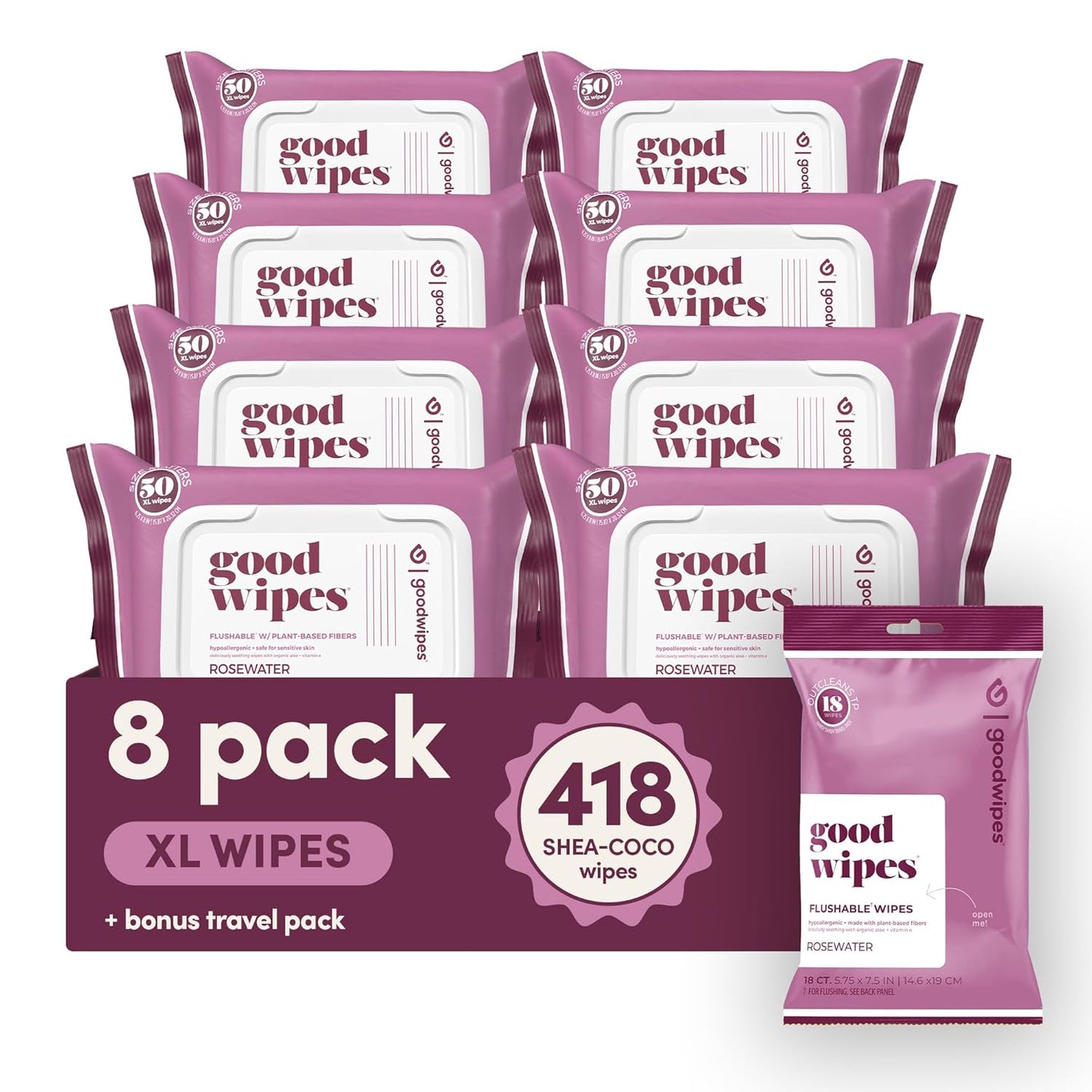 goodwipes Flushable Butt Wipes - Vitamin E & Aloe - Sewer & Septic Safe - Extra Large Adult Wet Wipes For Women & Men - Bathroom Essentials - Rosewater, 418 Count (8 Packs + 1 Travel)