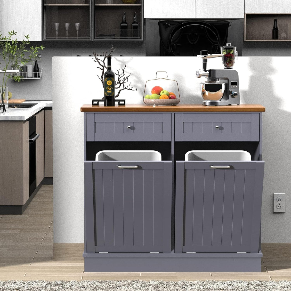 Betterhood Tilt Out Trash Cabinet 10 Gallon Wooden Free Standing Laundry Sorter Cabinet,Recycling Cabinet with Hideaway Drawer,Tilt Out Trash Cabinet Can Bin Kitchen