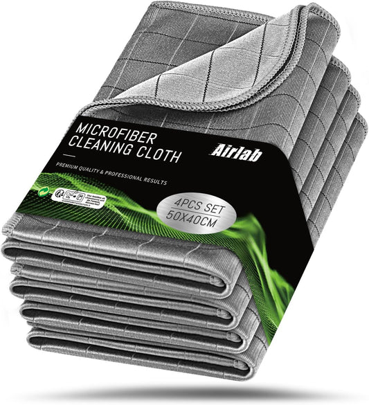 Airlab Carbon Microfiber Towels for Car Drying Window Glass Cleaner Magic Cleaning Cloth Auto Detailing Car Wipes Lint Free Rags Large Towel Interior Detailer, Pack of 4, 20" x 16", Grey