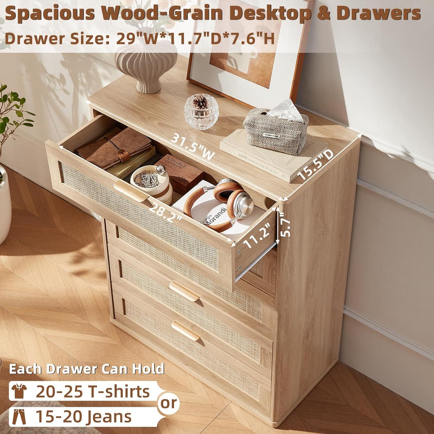 LEYAOYAO Rattan Dresser for Bedroom, 41" Tall Chest of Drawers, Modern 5 Drawers Boho Dressers with Storage, Light Oak Dresser Wooden Closet Organizer for Living Room, Hallway, Natural Wood