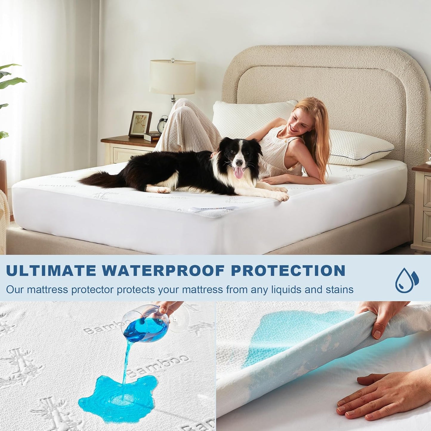Waterproof Queen Size Mattress Protector, Mattress Pad Fitted 6"-18" Deep Pocket, 3D Air Fabric Bed Mattress Cover Noiseless Washable for Bedroom, Hotel