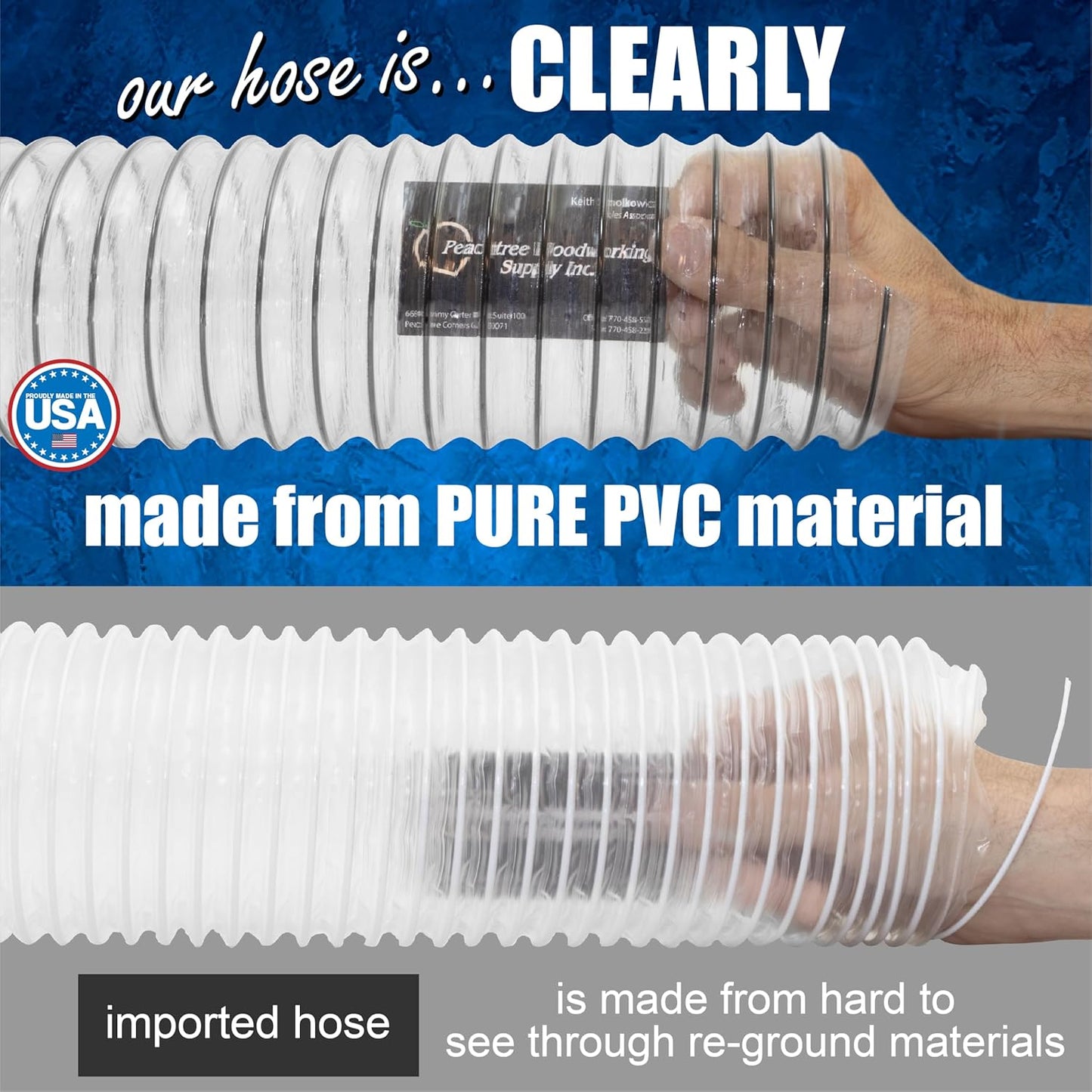 PVC Dust Collection Hose w/4 Thumbscrew Clamps, Puncture Resistant, Carbon Steel Wire, Clear Flexible PVC Dust Collector Hose, Proudly Made in USA (2 1/2" x 50')