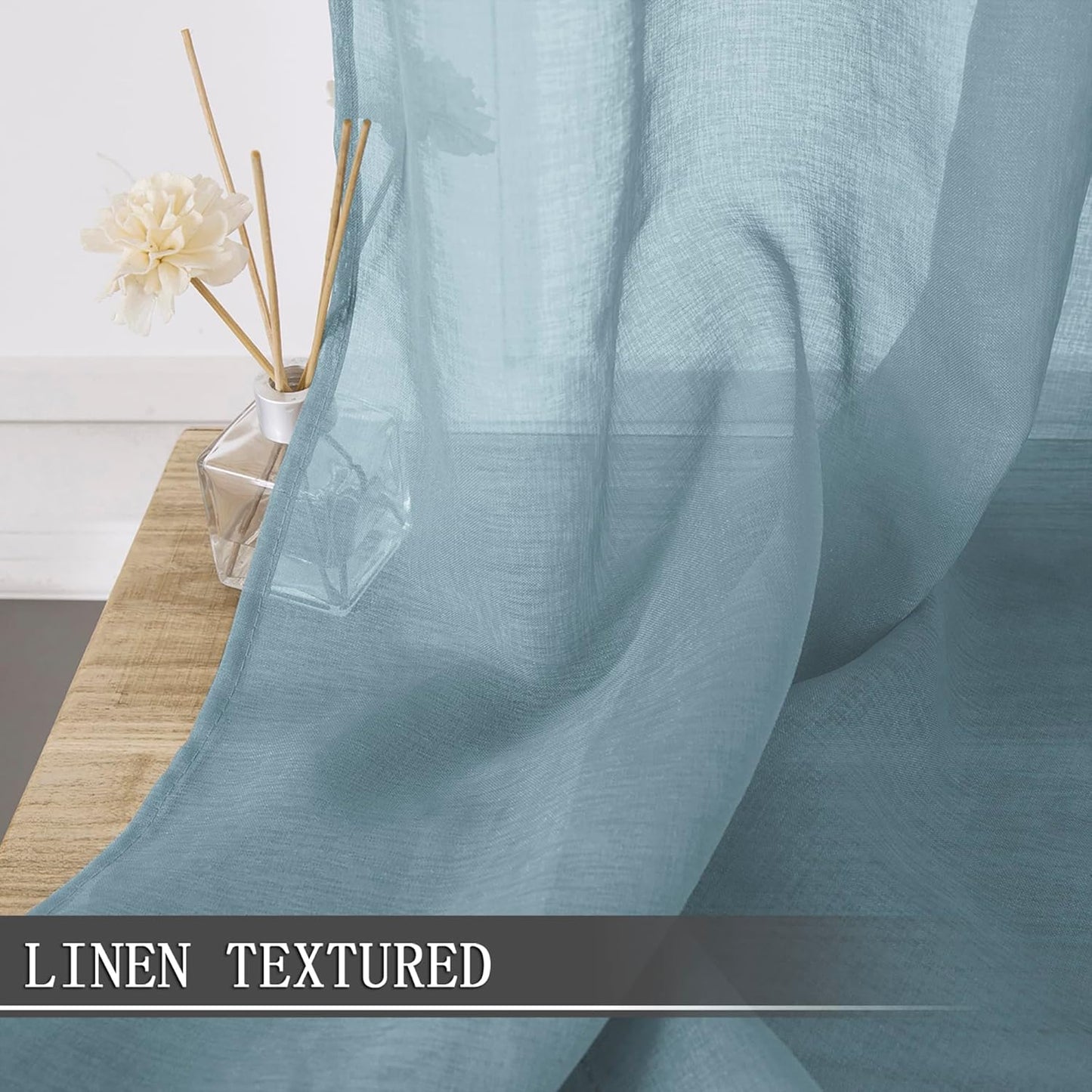 Tollpiz Short Sheer Tier Curtains Linen Textured Half Kitchen Curtain Sheers Light Filtering Rod Pocket Voile Small Curtain for Bathroom, 25 x 24 inches Long, Dusty Blue, Set of 2 Panels