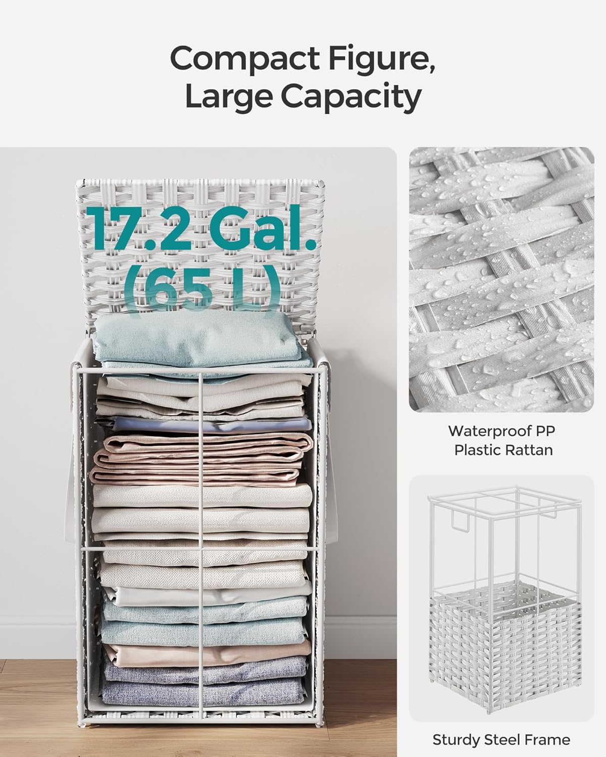 SONGMICS Laundry Hamper with Lid, 17.2 Gallon (65 L) Synthetic Rattan Clothes Laundry Basket with Lid and Handles, Foldable, Removable Liner, Cloud White ULCB165W01