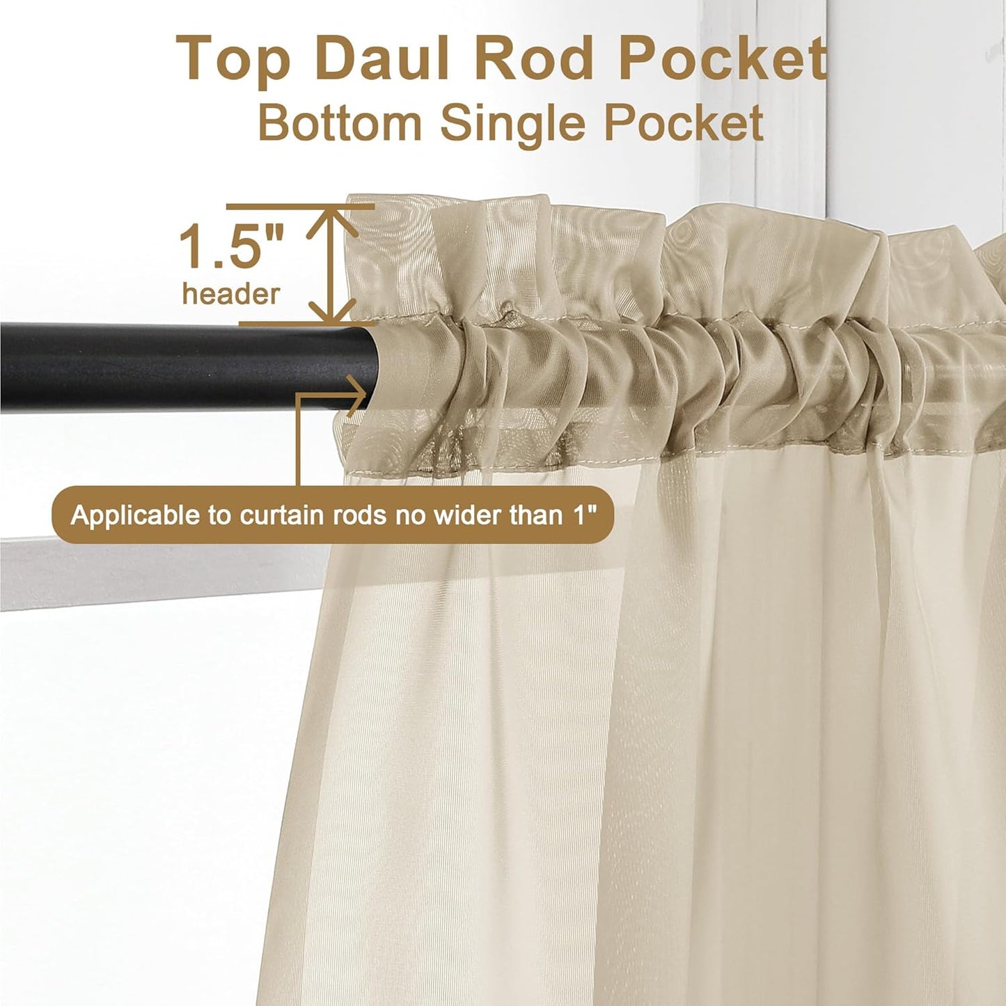 Chyhomenyc Sheer Taupe Valances for Windows 2 Pack, Small Window Curtains for Living Room Bathroom Cafe Laundry Basement, Modern Top Dual Rod Pocket Voile Curtain, 42W x 18L inches, Taupe