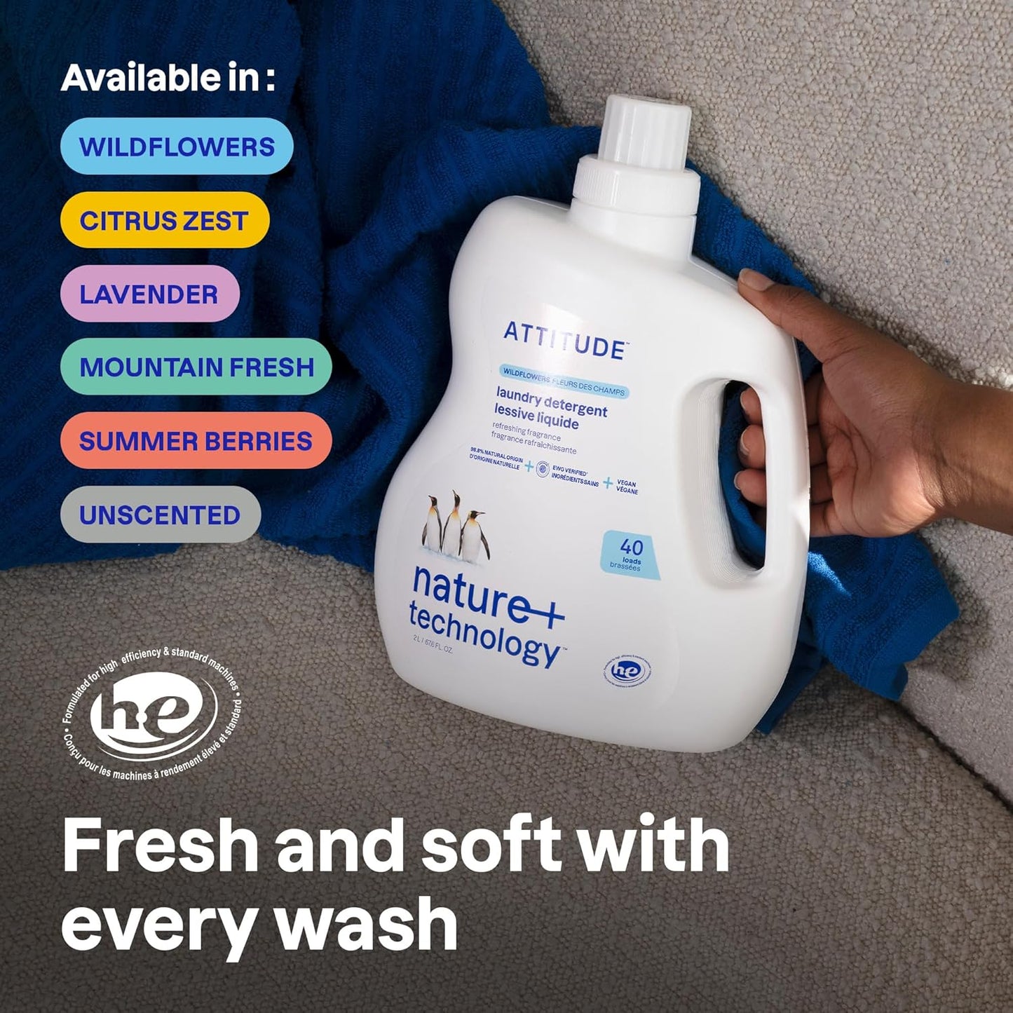 ATTITUDE Liquid Laundry Detergent, EWG Verified, HE Compatible, Plant-Based & Vegan, Natural Laundry Soap, Lavender Scent, 40 Loads, 67.6 Fl Oz