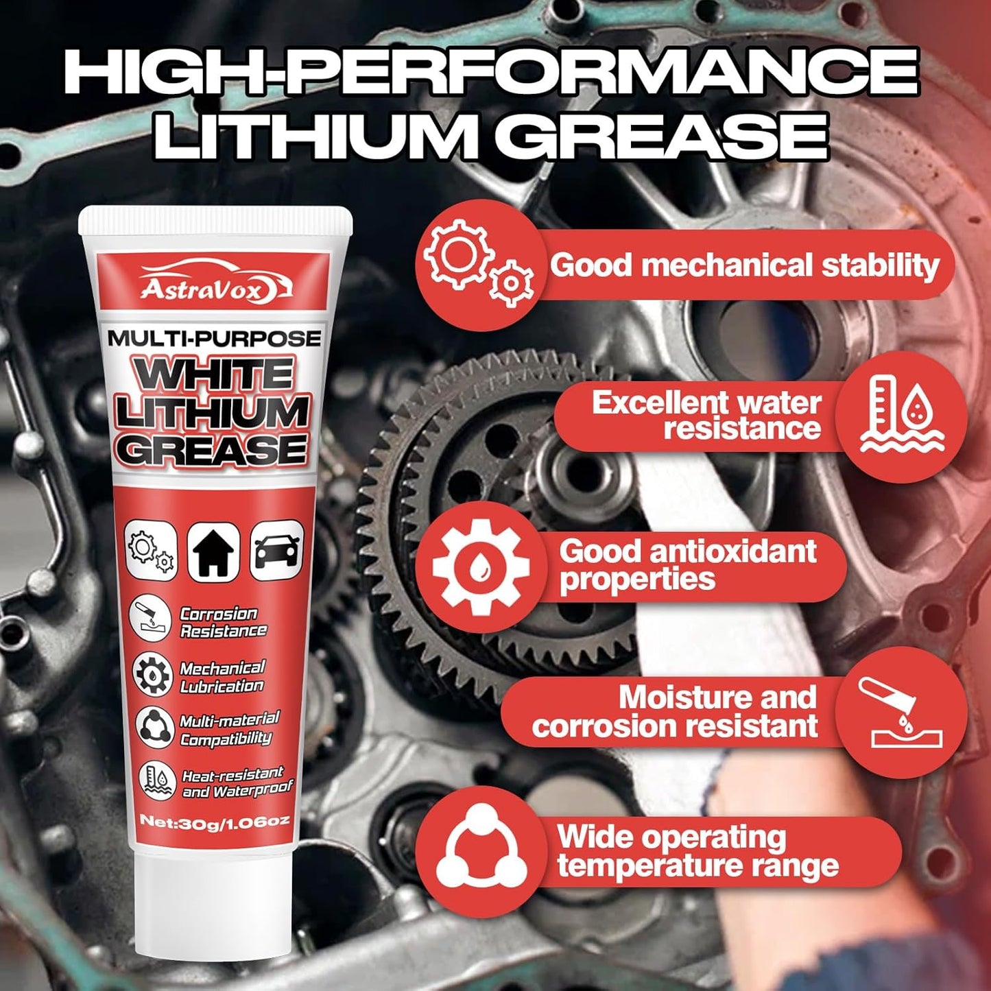 AstraVox White Lithium Grease, Multi-Purpose Lubricant Lithium Grease with Brush for Hinges, Bearings, Gears, and Garage Doors, Ideal for Automotive, Marine, Industrial, and Household Use (1)