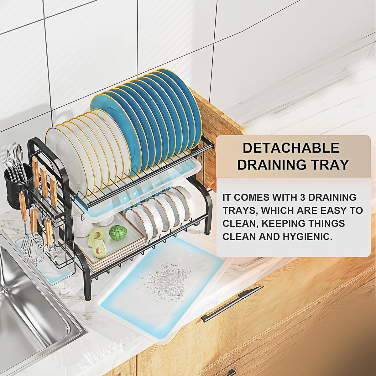 LEGUANG 2-Tier Stainless Steel Dish Drying Rack, Space-Saving Kitchen Organizer for in/Over Sink/Counter, with Removable Drain Tray & Cutlery Holder & Utensil Holder, Black