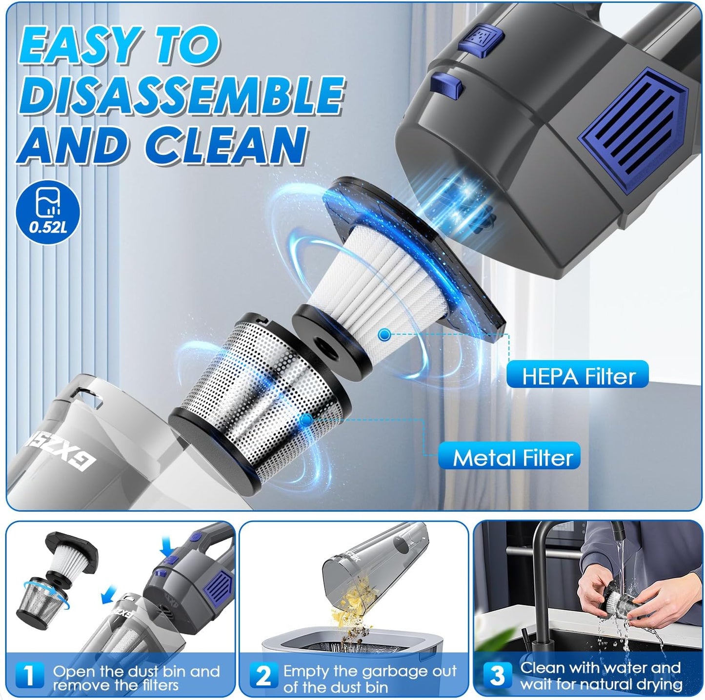 Handheld Vacuum Cordless, 15000PA Strong Suction Hand Held Car Vacuum Cleaner Rechargeable, Portable Hand Vacuum with Multi-Nozzles & Washable Filter for Home Office, Car, Pets