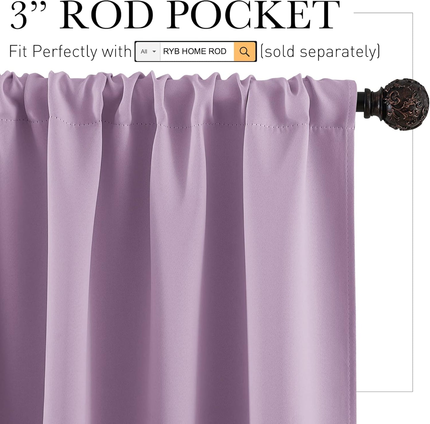 RYB HOME Bedroom Curtains Solid Blackout Panels Rod Pocket Thermal Insulated Window Drapes for Living Room, 42 Width x 63 inch Length 2 Panels Set, Lilac