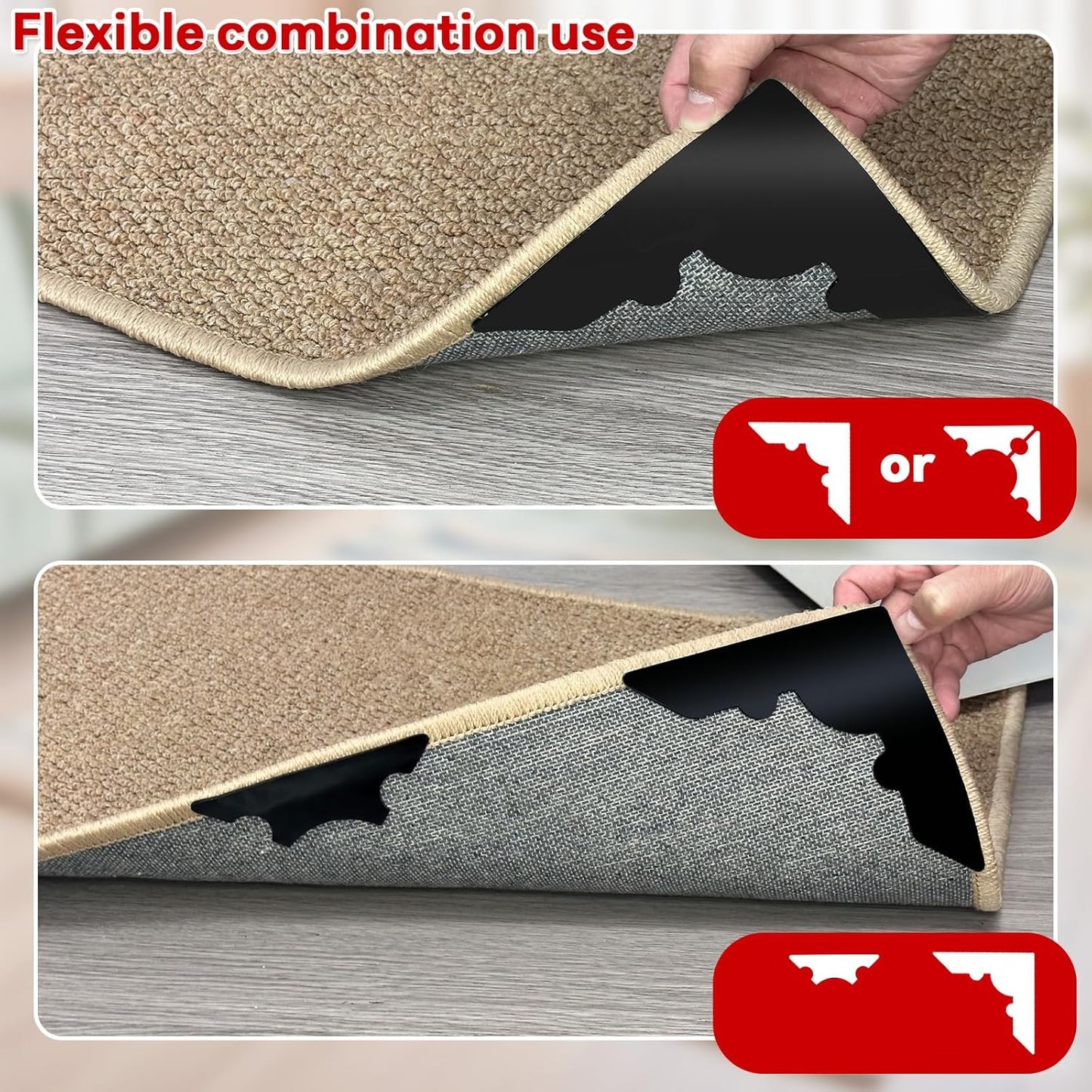 Rug Non Slip Grippers, Reusable Keep Rug Corner Down Tape Pads for Hardwood Floors, Strong Carpet Gripper for Area Rugs, No Damaging for Floor, 32Pcs