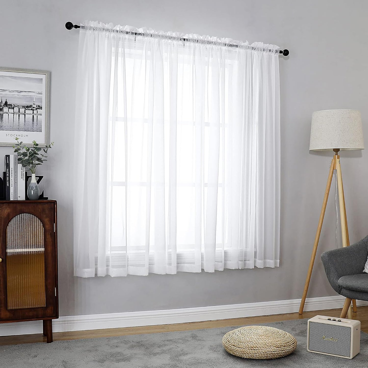 Chyhomenyc White Sheer Curtains 63 Inch Length 2 Panels Set, Light Filtering Rod Pocket Window Curtain Treatment Drapes for Bedroom Living Room, Each 42Wx63L, Set of 2, White