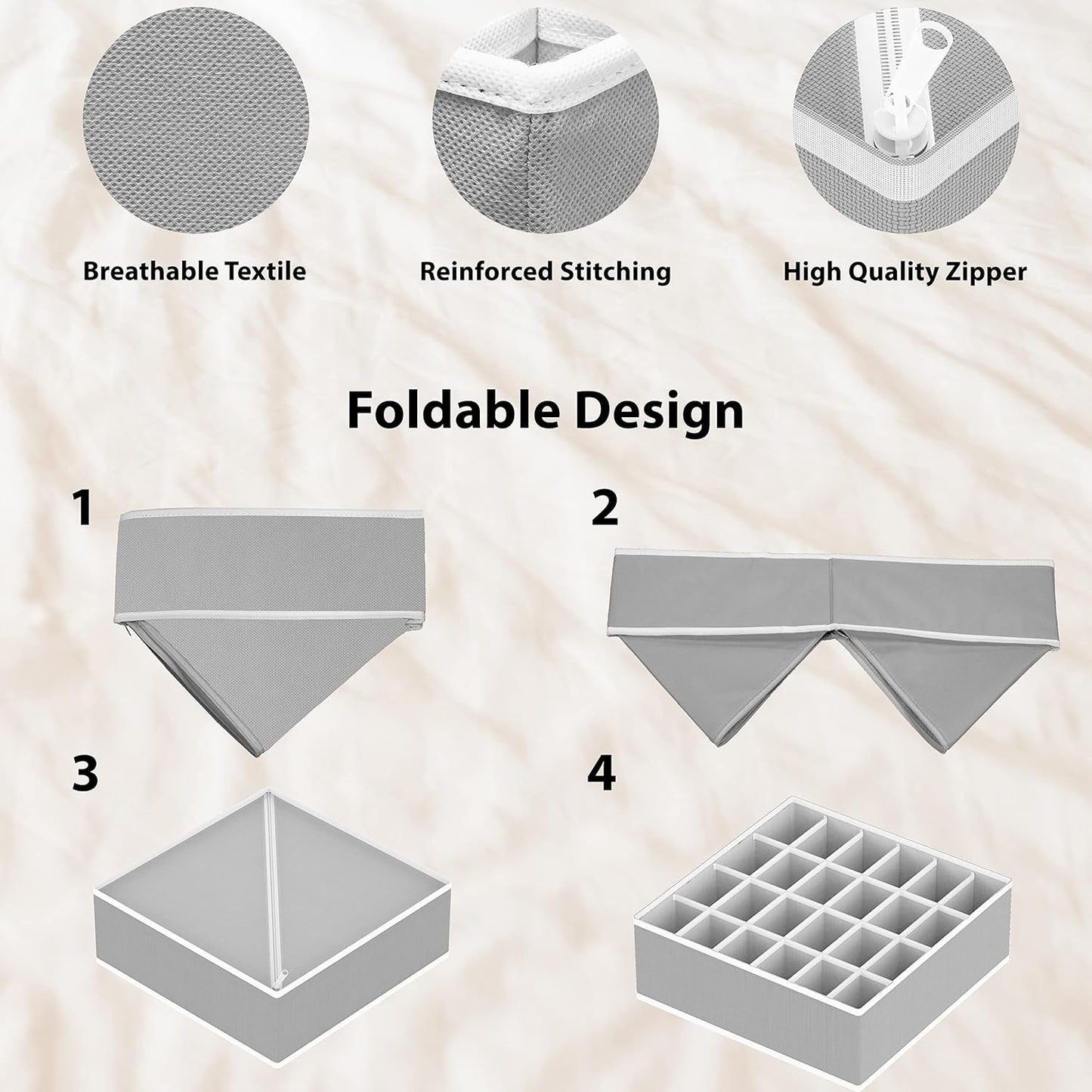 Simple Houseware 4-Pack Drawer Organizer Set - Closet Dividers for Underwear, Socks, Bras, Scarves, Ties - Foldable Non-Woven Storage Boxes, Gray