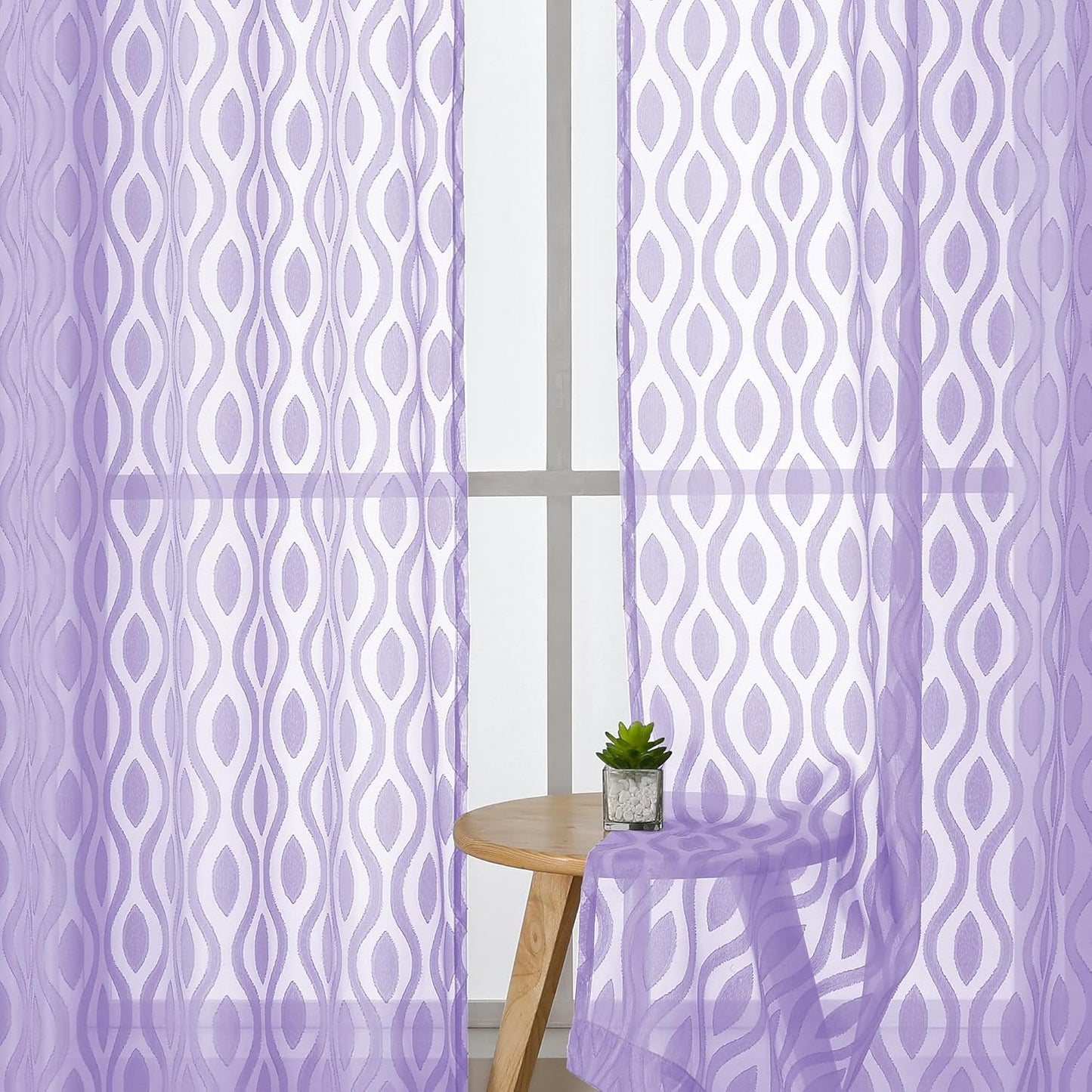 Aiyufeng Light Purple Sheer Curtains 54 Inch Length 2 Panels, Soft Lightweight Clip Jacquard Textured Sheer Curtain Panels, Modern Wavy Line Voile Sheer Curtain for Bedroom Living Room, 40Wx54L Inches