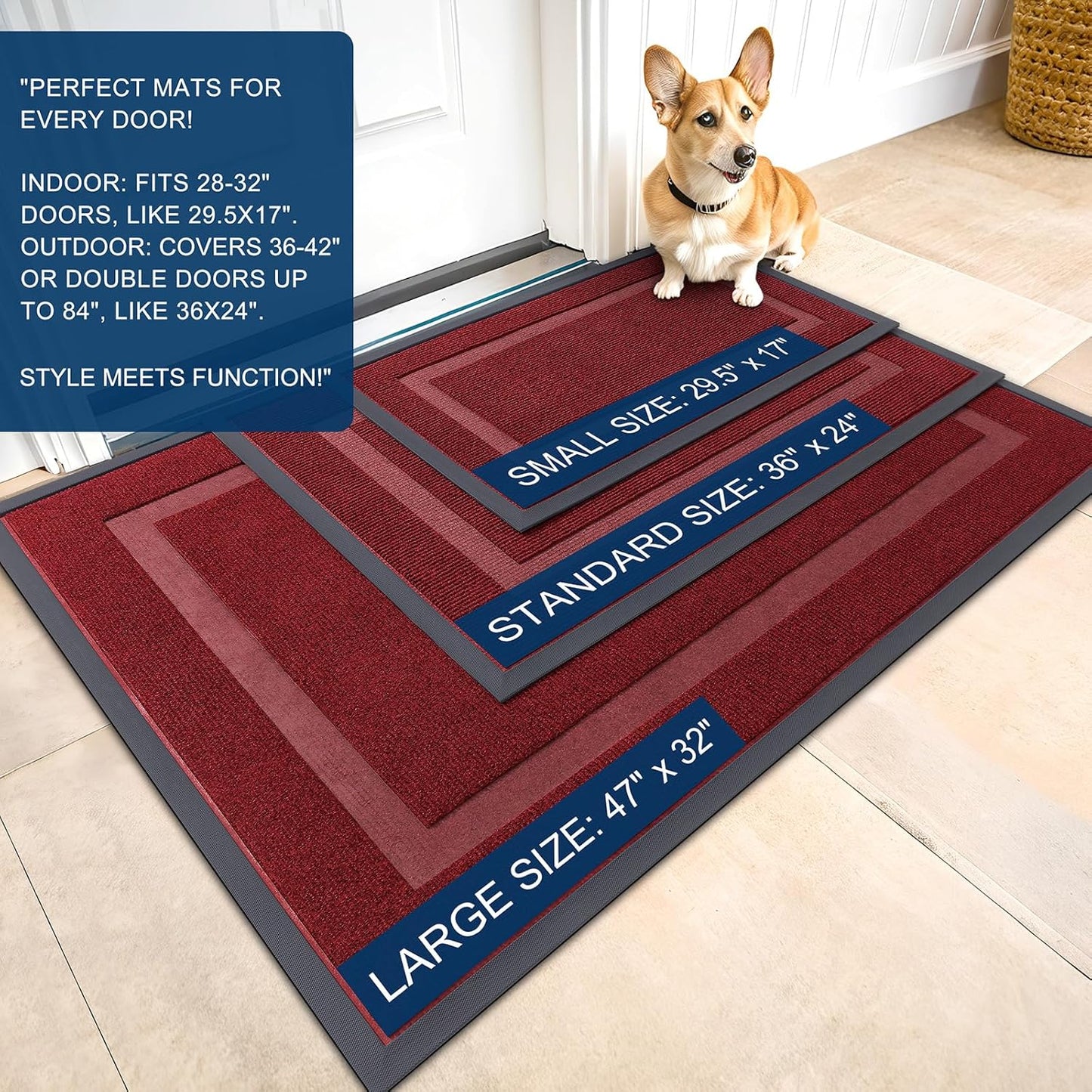 OLANLY Front Door Mat Indoor Outdoor Entrance, Waterproof All-Season, All-Weather Doormat, Sturdy Natural Rubber, Fade Resistant, Low Profile, Easy Clean Patio Porch Entryway Mat, 47x24, Wine Red