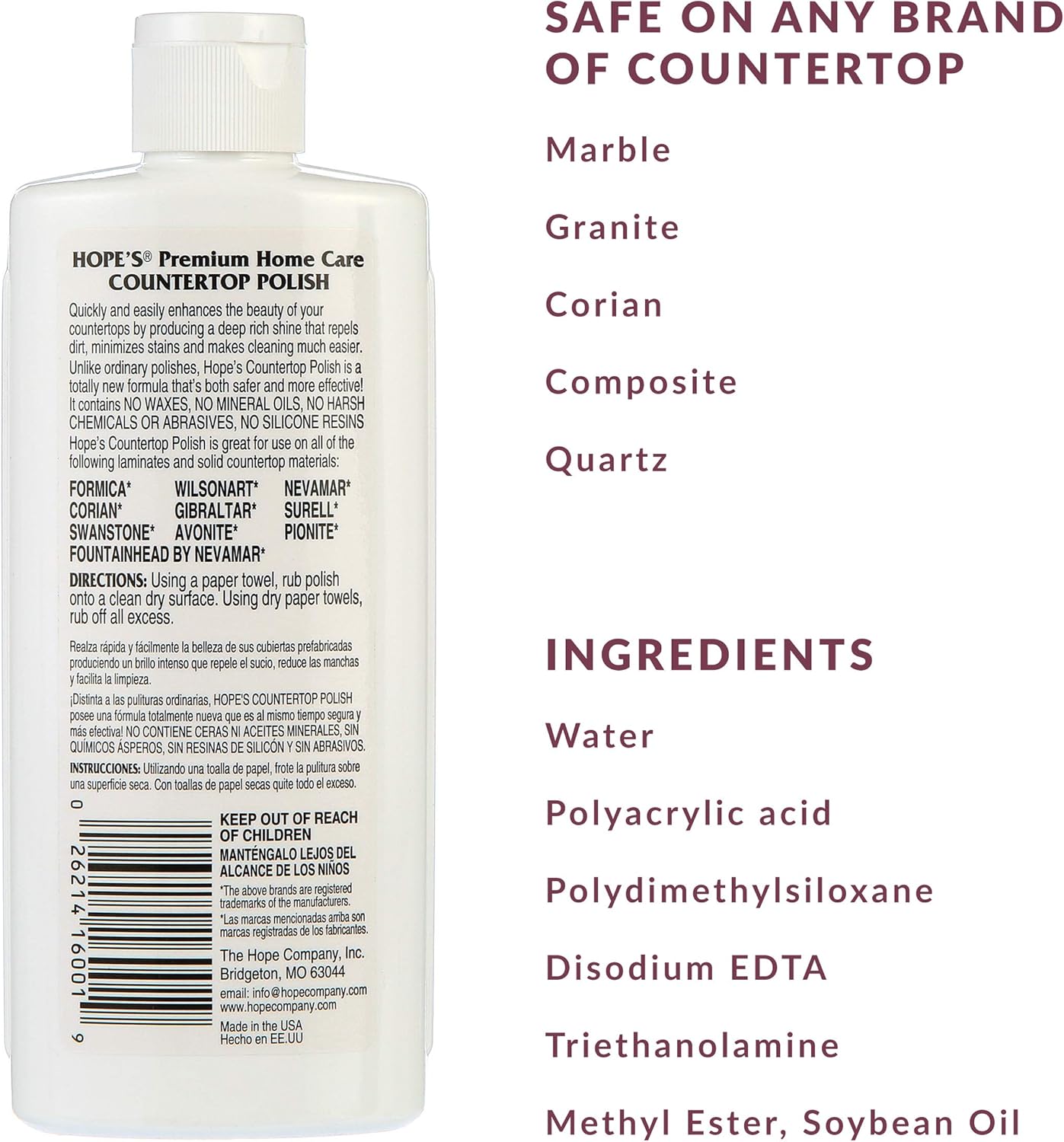 HOPE'S Countertop Restoration Polish - Shines and Protects with No Build-Up - Streak-Free Kitchen Counter Cleaner - Quartz, Marble, Corian, Laminate, Granite Countertop Cleaner, 8 Fl Oz, Pack of 1