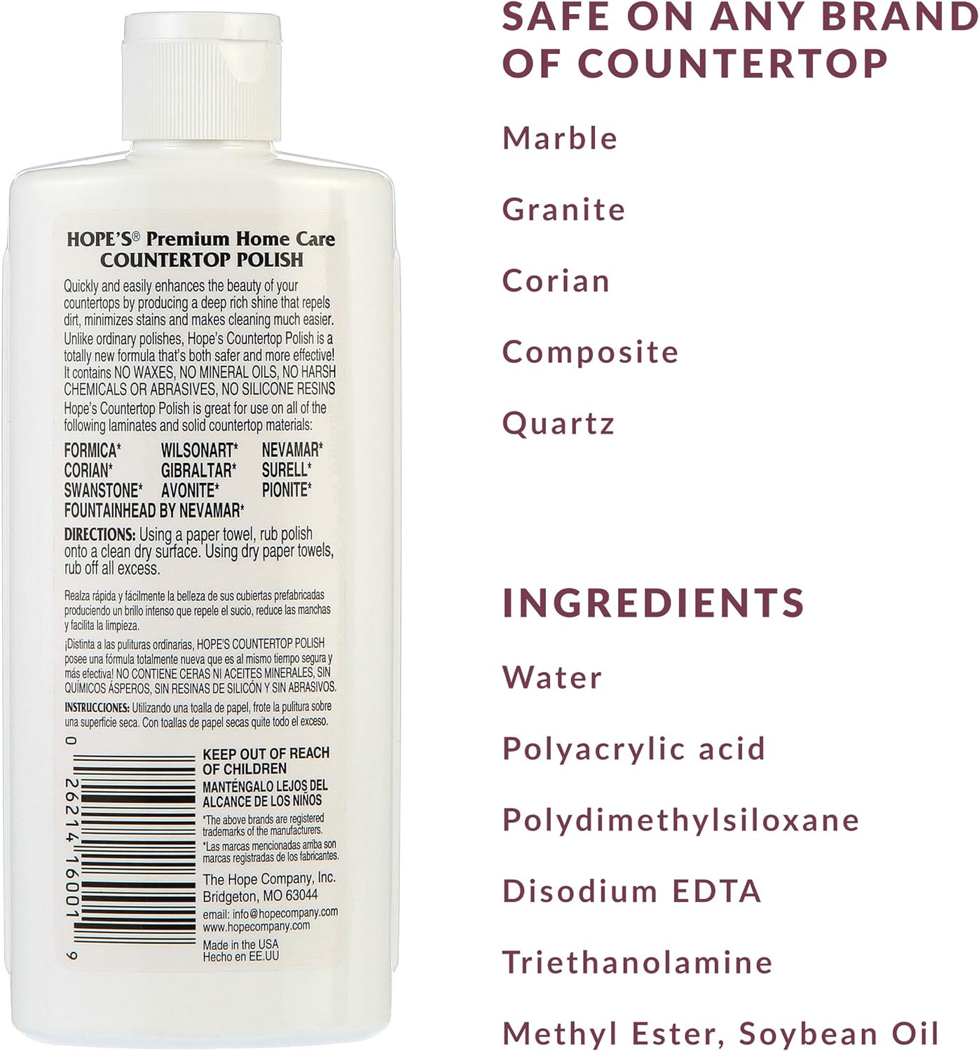 HOPE'S Countertop Restoration Polish, Streak-Free Kitchen Counter Cleaner, No Buildup Countertop Cleaner, Quartz, Marble, Corian, Composite, and Granite Cleaner and Polish, 8 Fl Oz, Pack of 2