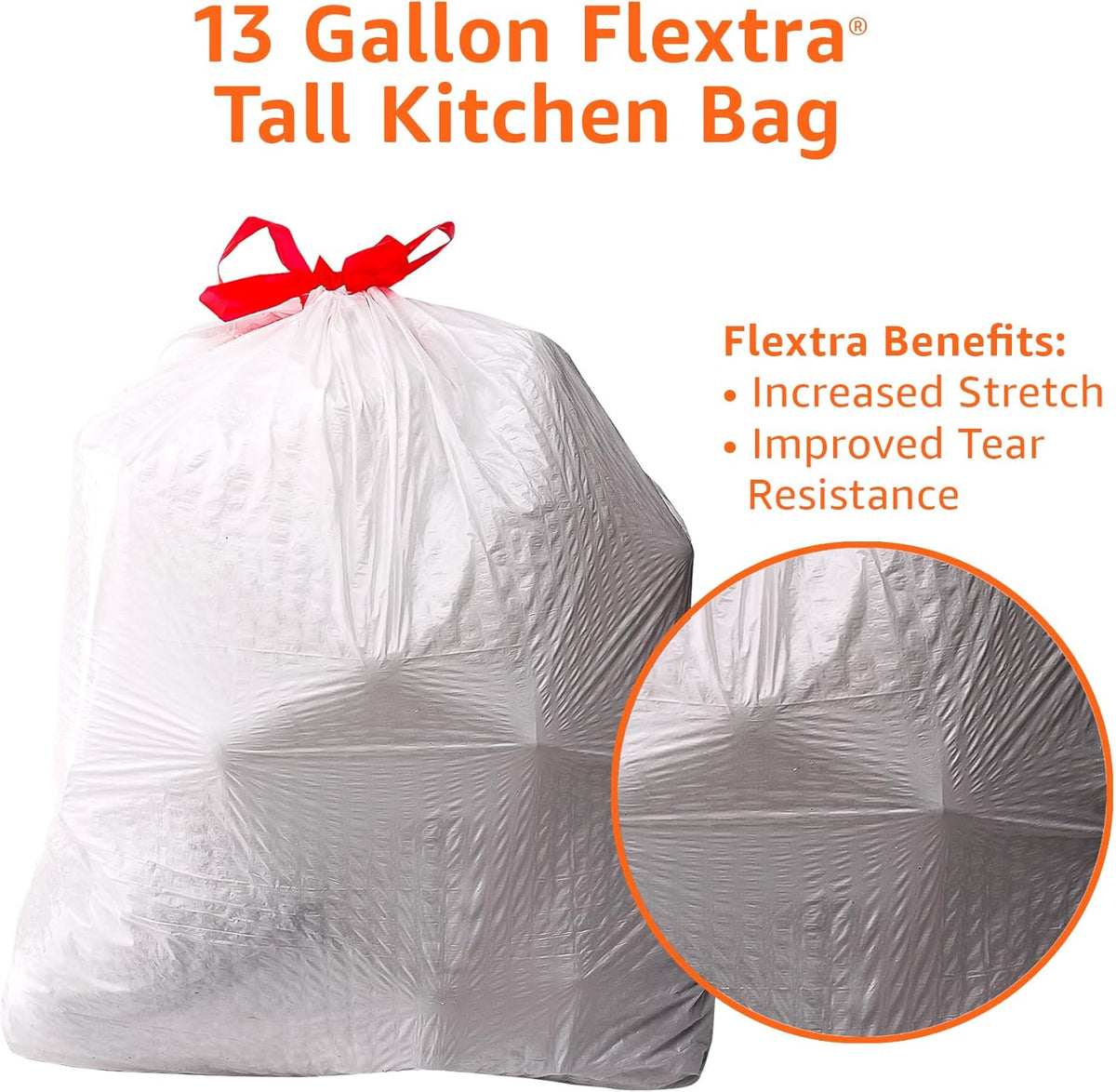 Amazon Basics 13 Gallon Flextra Strength Tall Kitchen Drawstring Trash Bags, Tear Resistant, Clean Fresh Scent, 10% Recycled Content, 50 Count