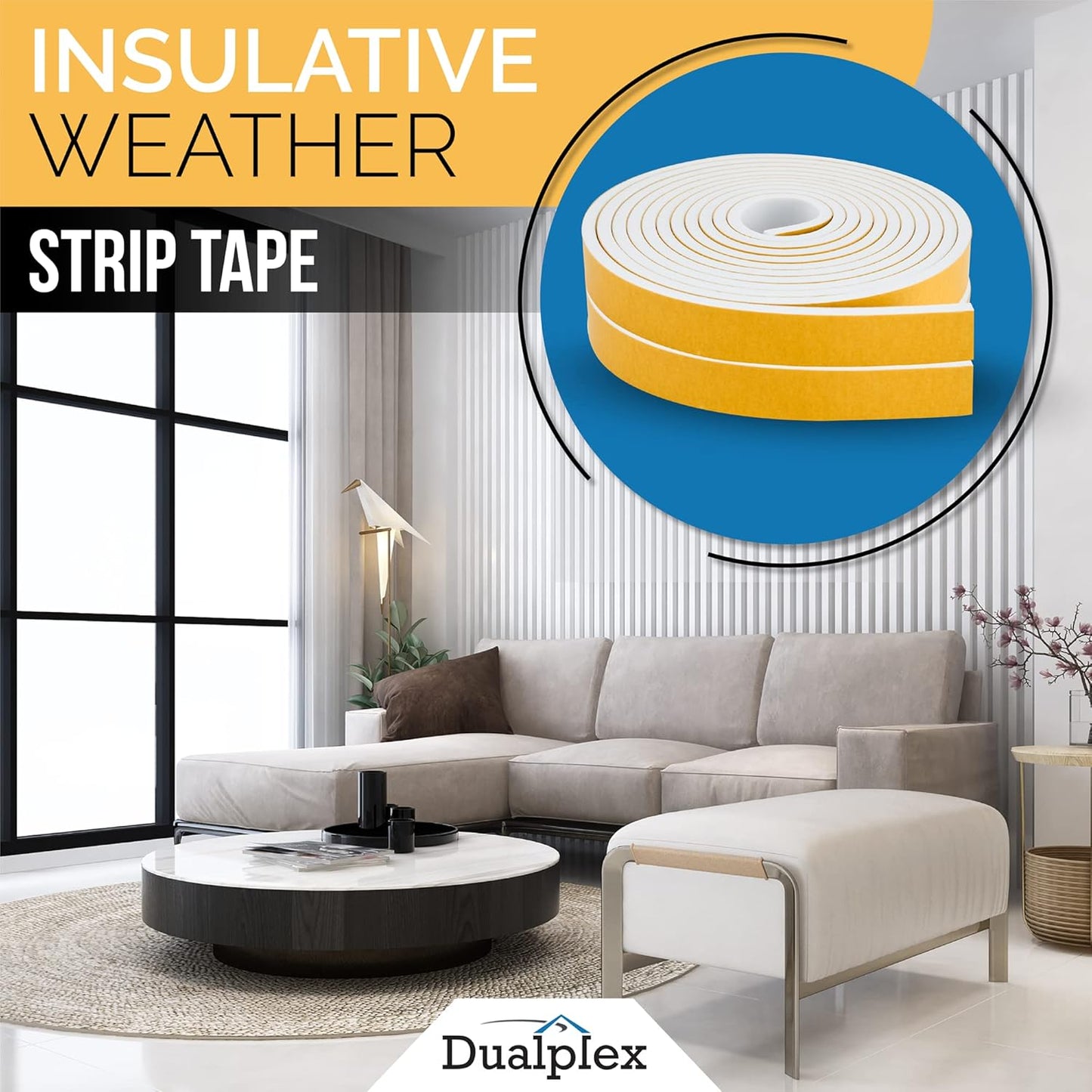 High Density Foam Weather Stripping Door Seal Strip Insulation Tape Roll for Insulating Door Frame, Window, Air Conditioner | Self Adhesive Sealing Weatherstrip (White, 1 in x 1/8 in x 30 Ft)