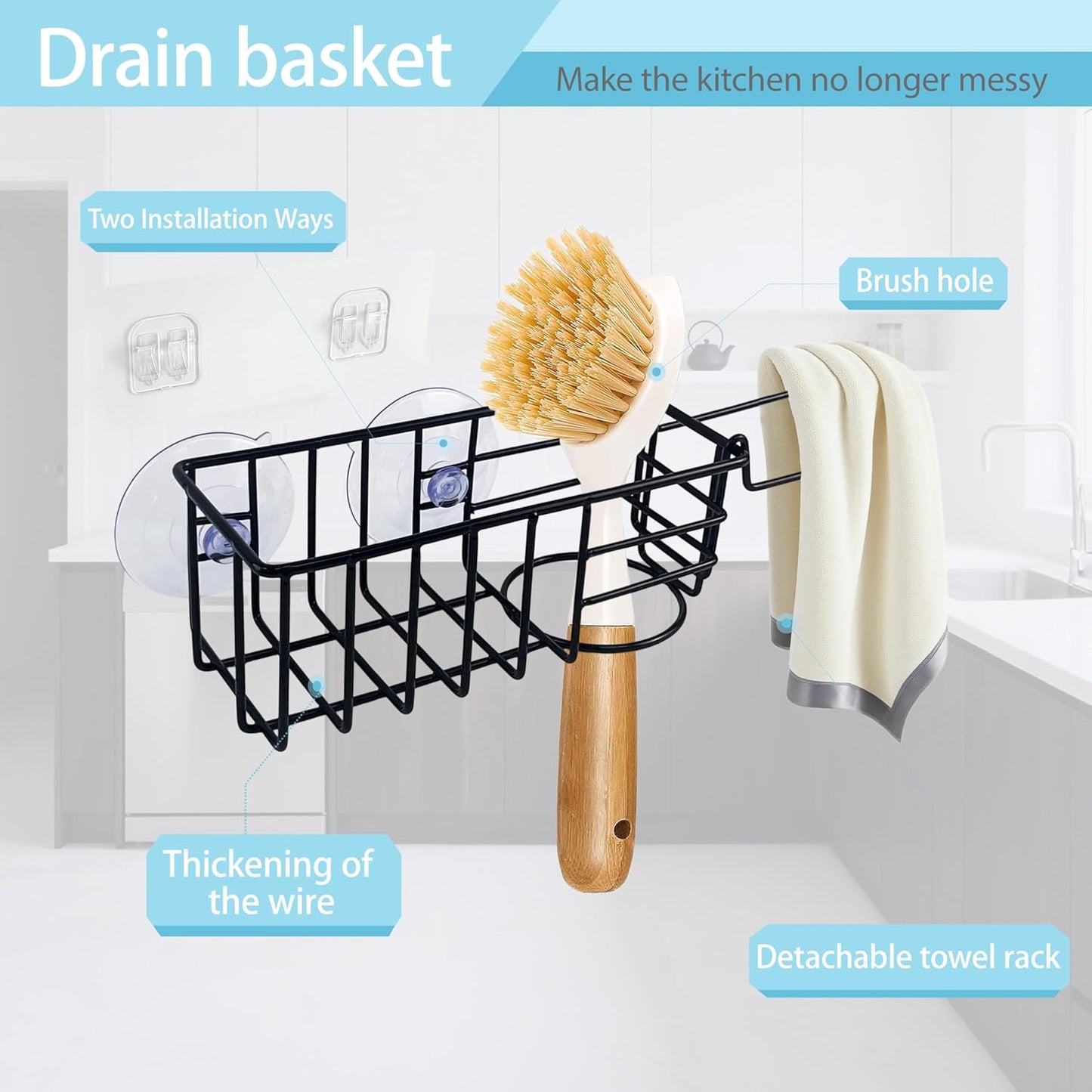 Sponge Holder with Dish Cloth Hanger for Kitchen Sink, In-sink Caddy Organizer with Suction Cups & Adhesive Strips, Rustproof Sponge Rack for Soap, Brush, Scrubber - Black（3 Pack）