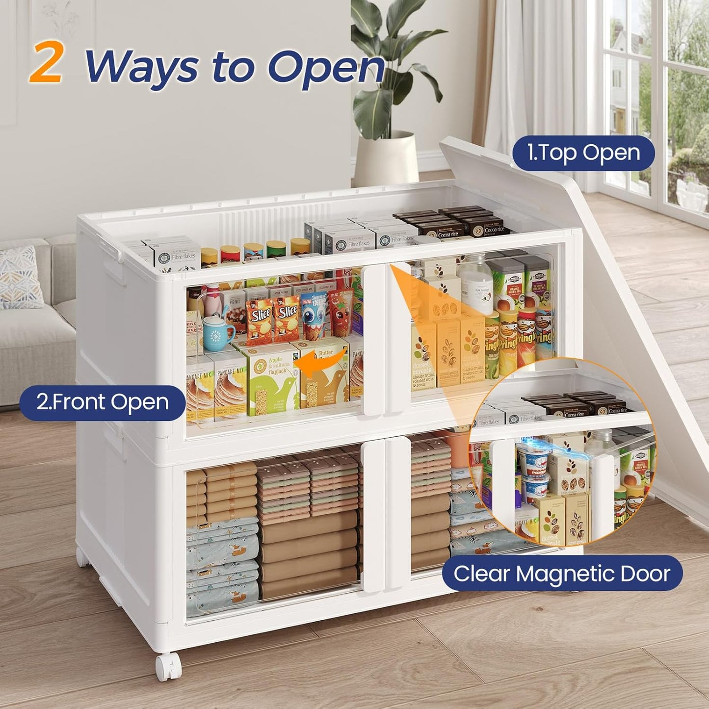 200GAL Large Stackable Storage Bins with Lid and Wheels, 800Qt Collapsible Organizer Cabinet with Clear Door, for Closet, Bedroom, Kitchen, Garage, 4-Pack White