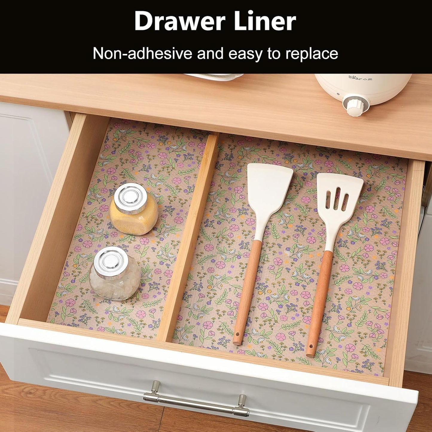 INNOLITES Non-Slip Shelf Liner – Cabinet & Drawer Liner Non-Adhesive – Waterproof Oil-Proof – Durable EVA with Floral for Kitchen Cabinets Refrigerator – BPA-Free, Easy to Cut 11.8" x 118"