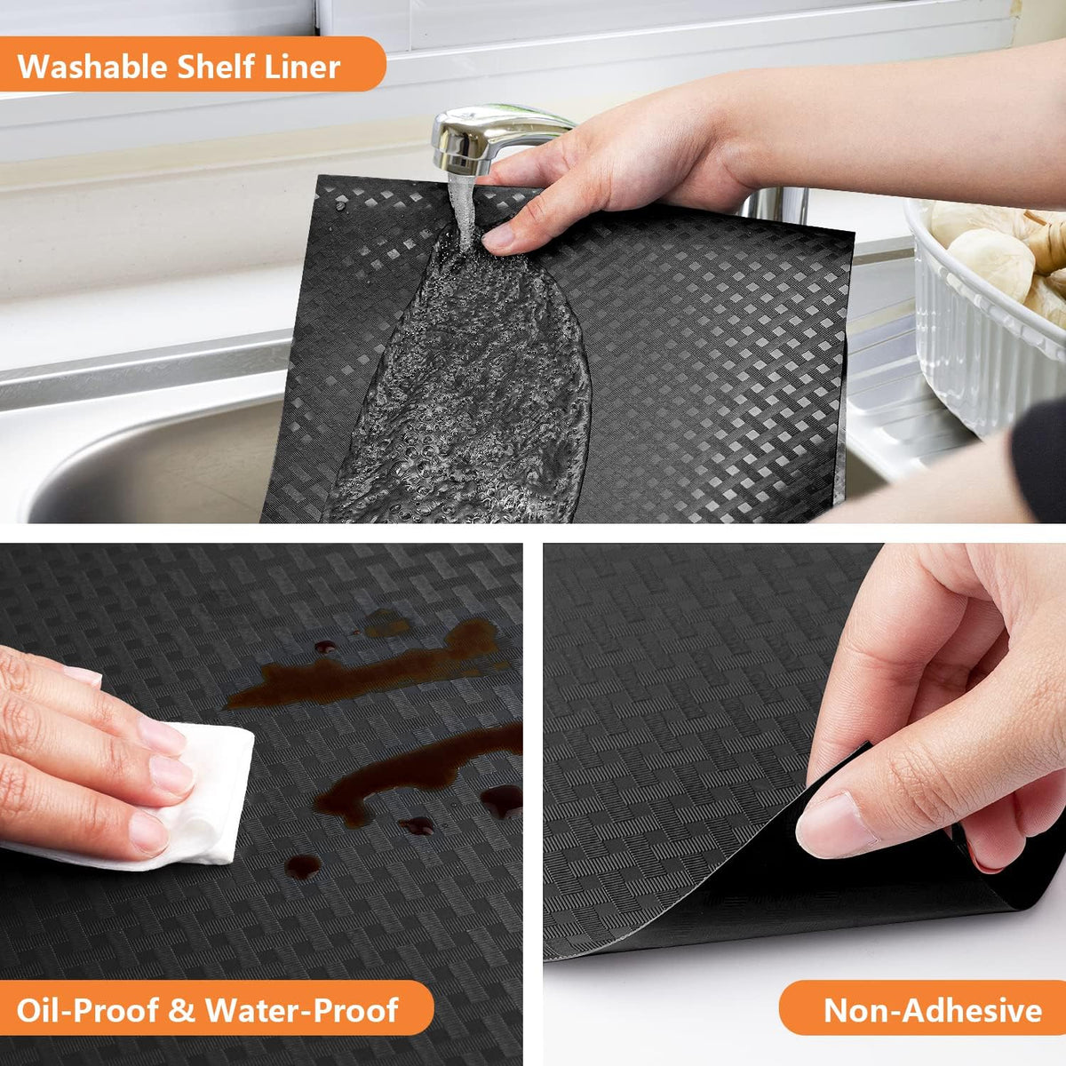 Shelf Liners for Kitchen Cabinets Refrigerator Liners Waterproof & Oil-Proof Kitchen Cupboard Liner Non-Slip Drawer Mats EVA Material Non Adhesive Fridge Liner for Shelves -Black 17.5 x 157.4 Inches