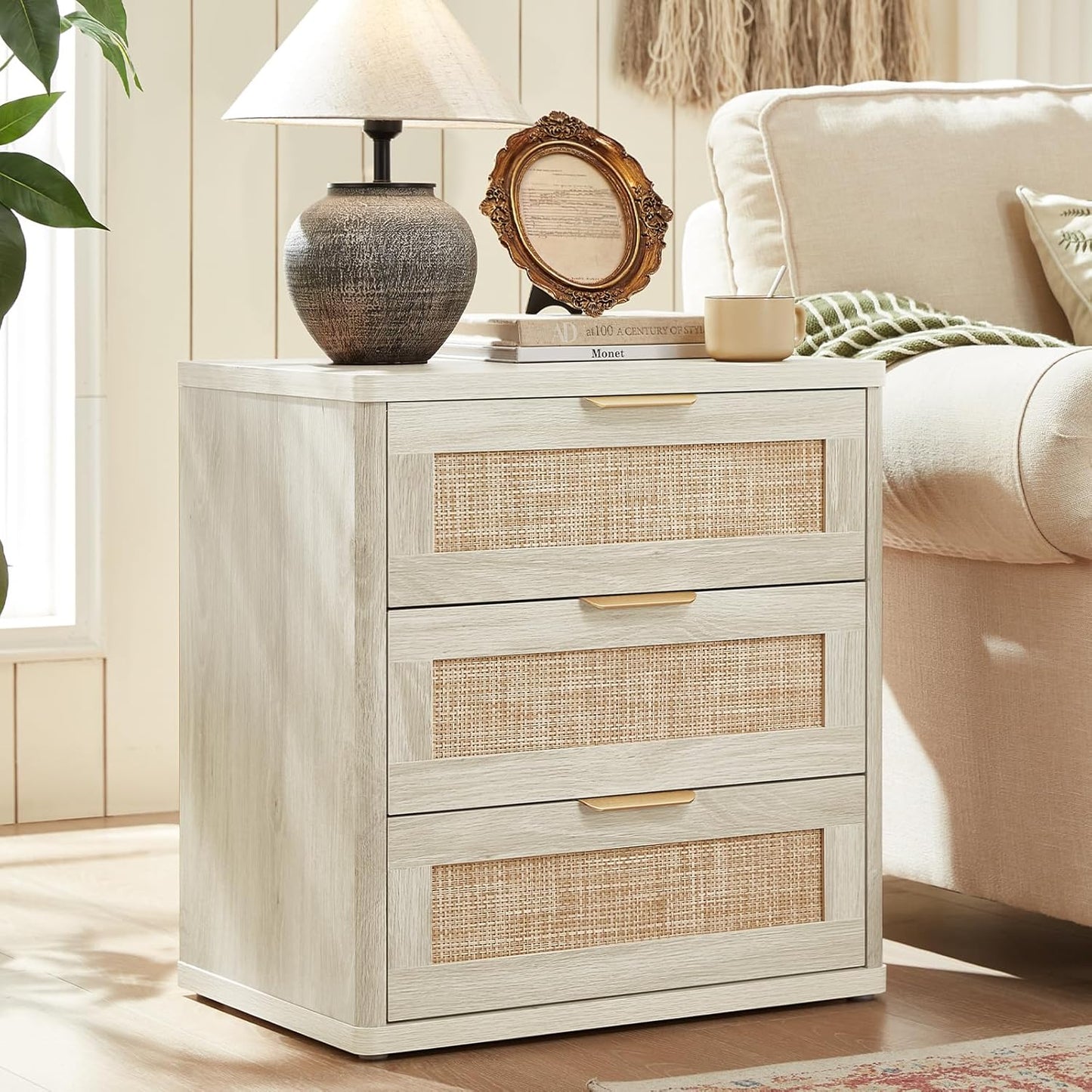 LEYAOYAO Rattan Night Stand with Drawers, 23" Large 3 Drawer Boho Nightstand, Grey White Bedside Table Storage Cabinet, Bed Side End Tables Dresser for Bedroom, Living Room, Hallway, Closet