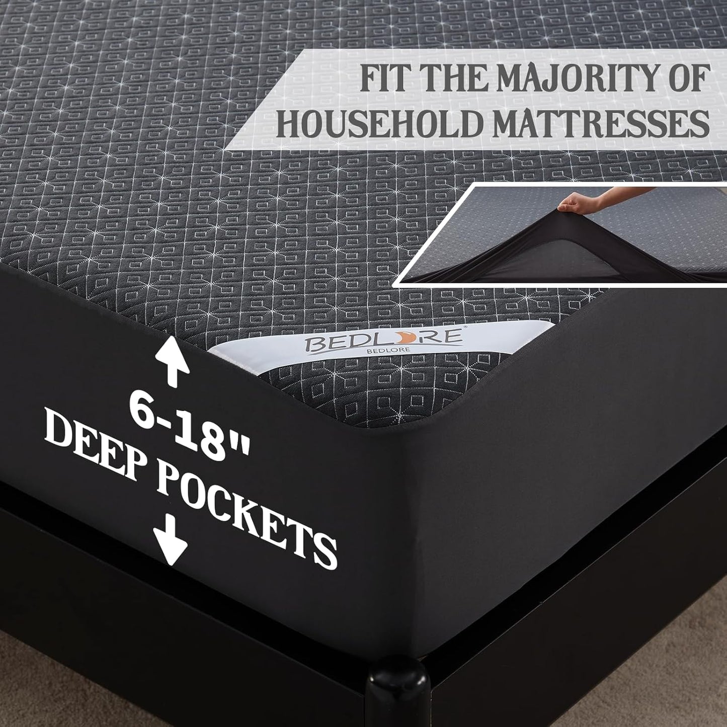 BEDLORE Queen Mattress Protector, Waterproof Noiseless Mattress Cover with Deep Pocket for 6-18 inches Mattress, Soft Breathable Mattress Pad Machine Washable (Dark Gray)