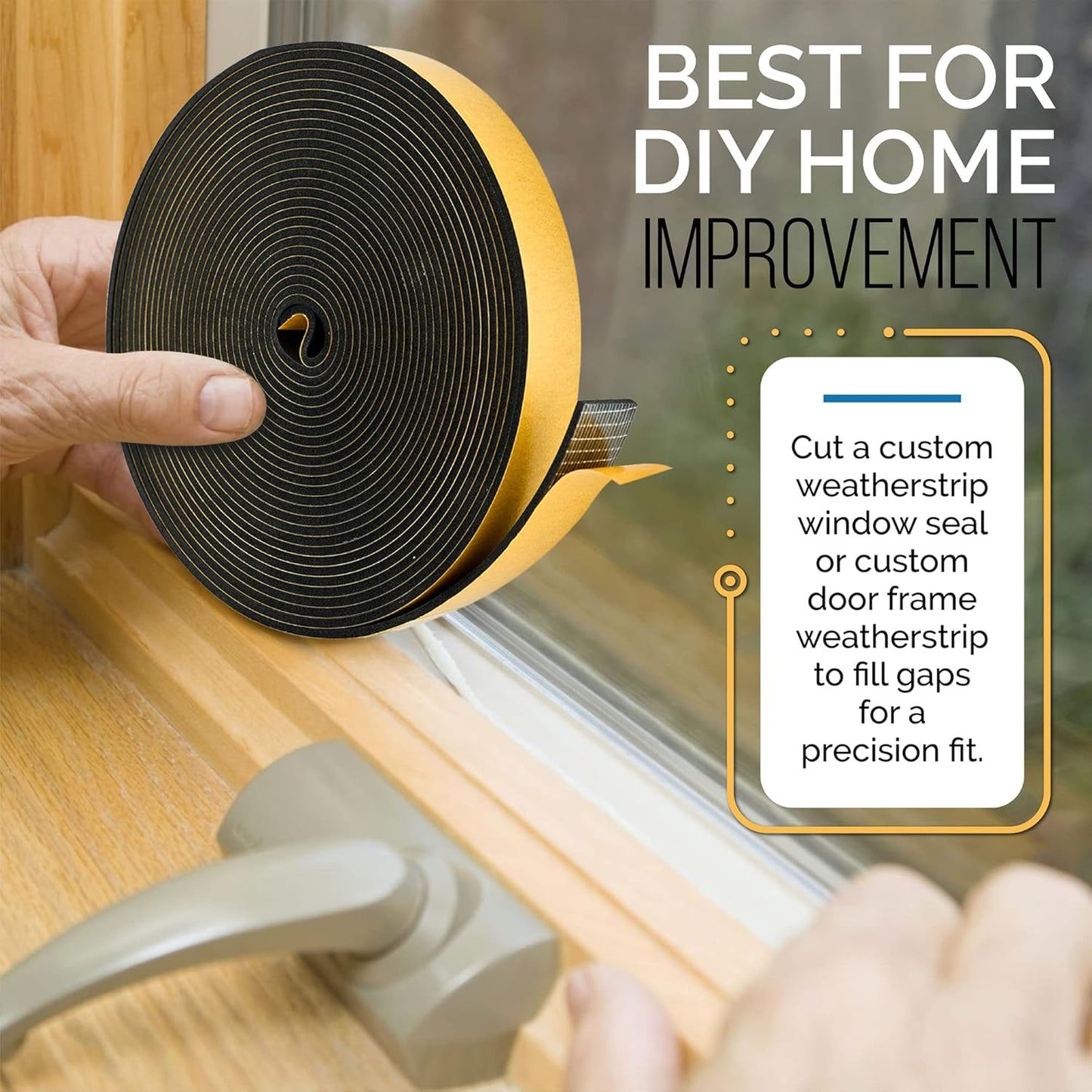 High Density Foam Weather Stripping Door Seal Strip Insulation Tape Roll for Insulating Door Frame, Window, Air Conditioner | Self Adhesive Sealing Weatherstrip (Black, 1 in x 1/4 in x 30 Ft)