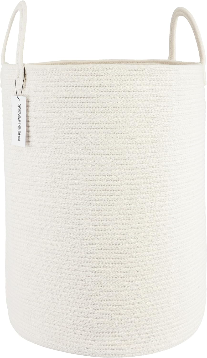 Cotton Rope Laundry Basket Hamper for Clothes Woven Storage Basket for Living Room Bedroom Boho Tall Rope Baskets for Blanket Toys Pillow Towels Baby Nursery Hamper Bin Large white