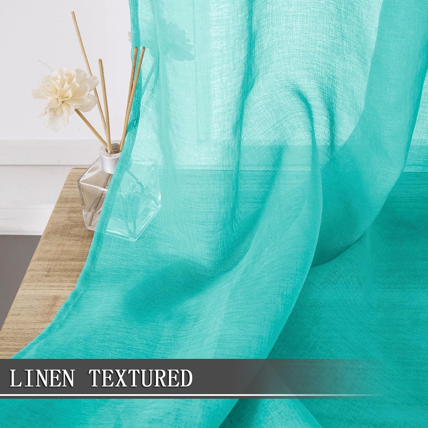 Tollpiz Short Sheer Curtain Living Room Linen Textured Curtains Sheer Light Filtering Voile Rod Pocket Curtain for Bedroom, 38 x 54 inches Long, Aqua Blue, Set of 2 Panels