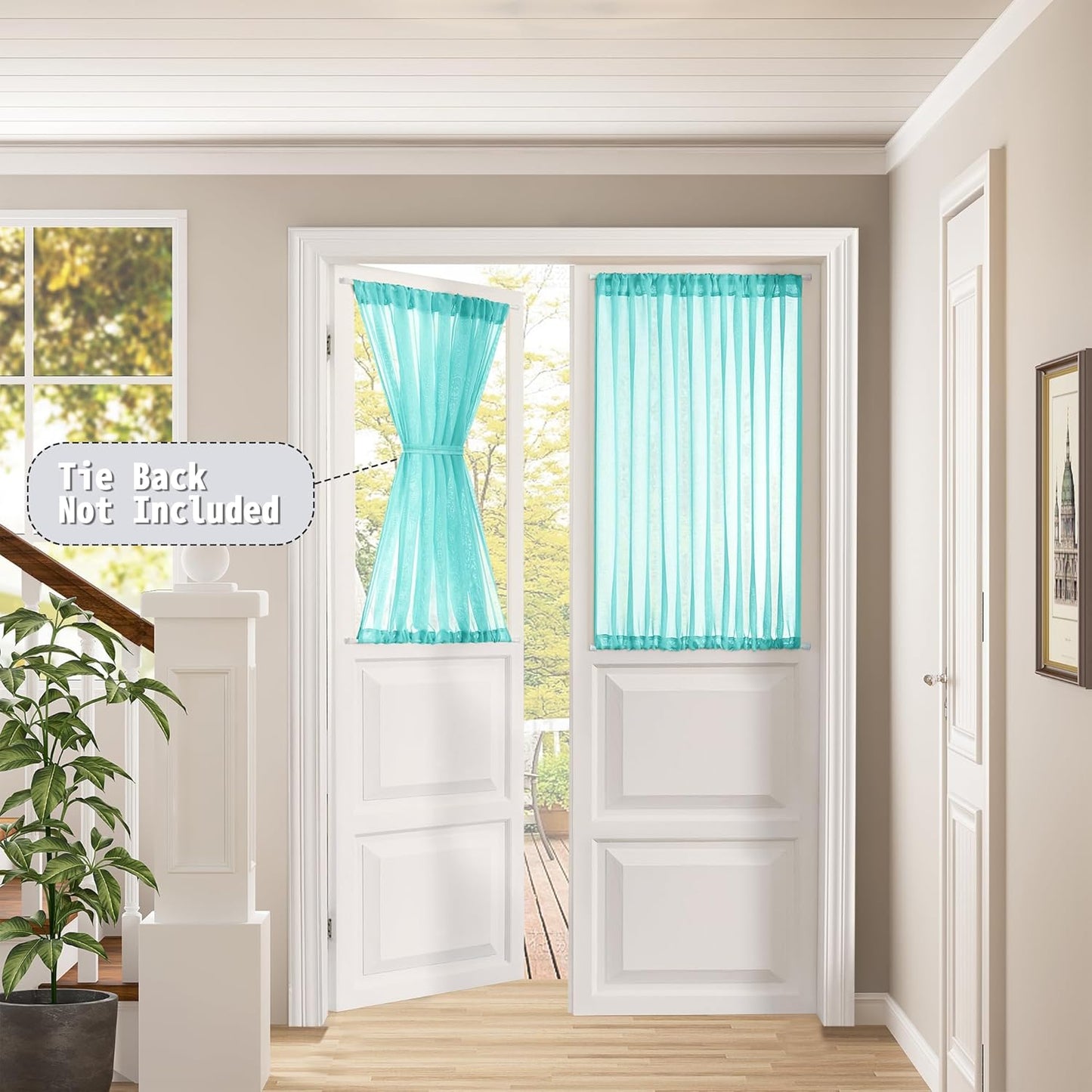 Tollpiz Short Sheer Door Curtains Closet Linen Textured Curtains Sheer Doorway Light Filtering Voile Patio Door Rod Pocket Curtain French Door, 54 x 40 inches Long, Aqua Blue, Set of 1 Panel