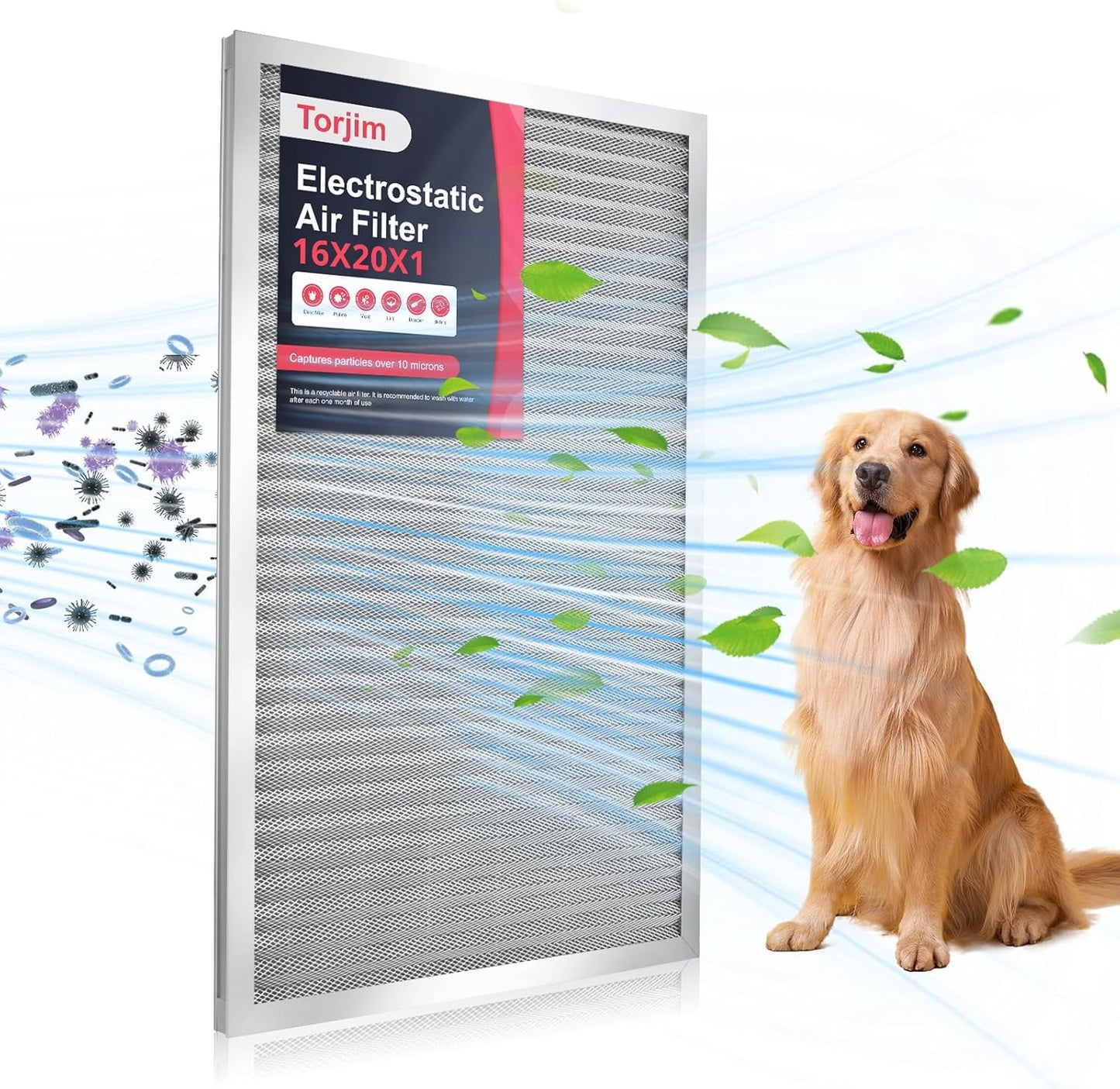 Torjim 16x20x1 MERV8 Washable Electrostatic Air Filter - AC/HVAC Furnace Filter, Permanent, Easy Install, Breathe Fresher