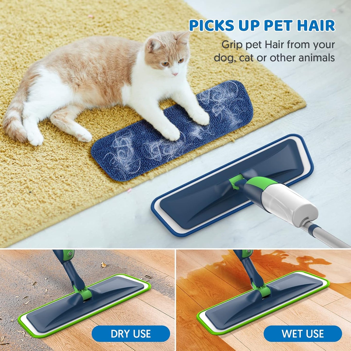 MEXERRIS Spray Wet Mops with 5X Washable Pads for Floor Cleaning, Dust Mops with 2X Bottles Commercial Home Use for Hardwood Laminate Vinyl Tiles Wood Floor, Green