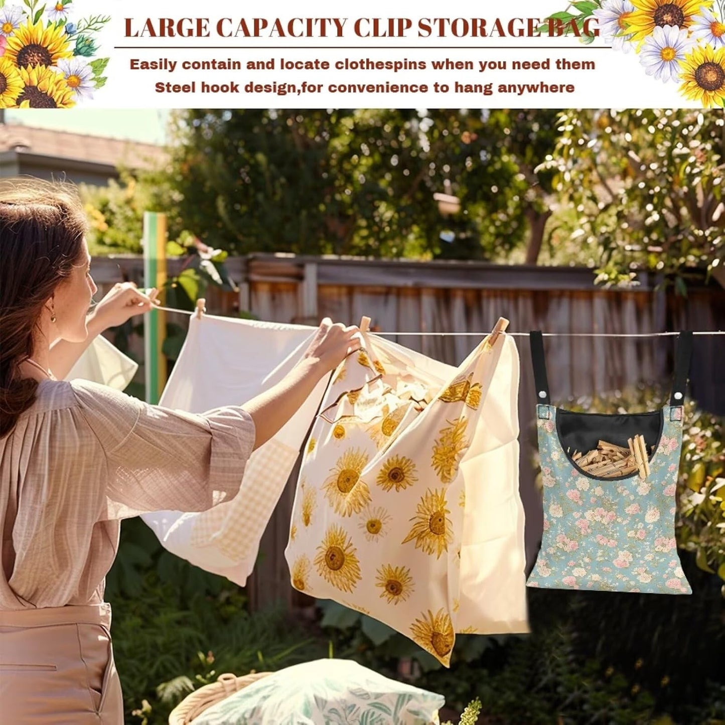 Clothes Pin Hanging Bag with Big Opening Storage Clothes Pins & Mini Clothespins Fits Retractable Clothes Line Outdoors - Flowers Pink